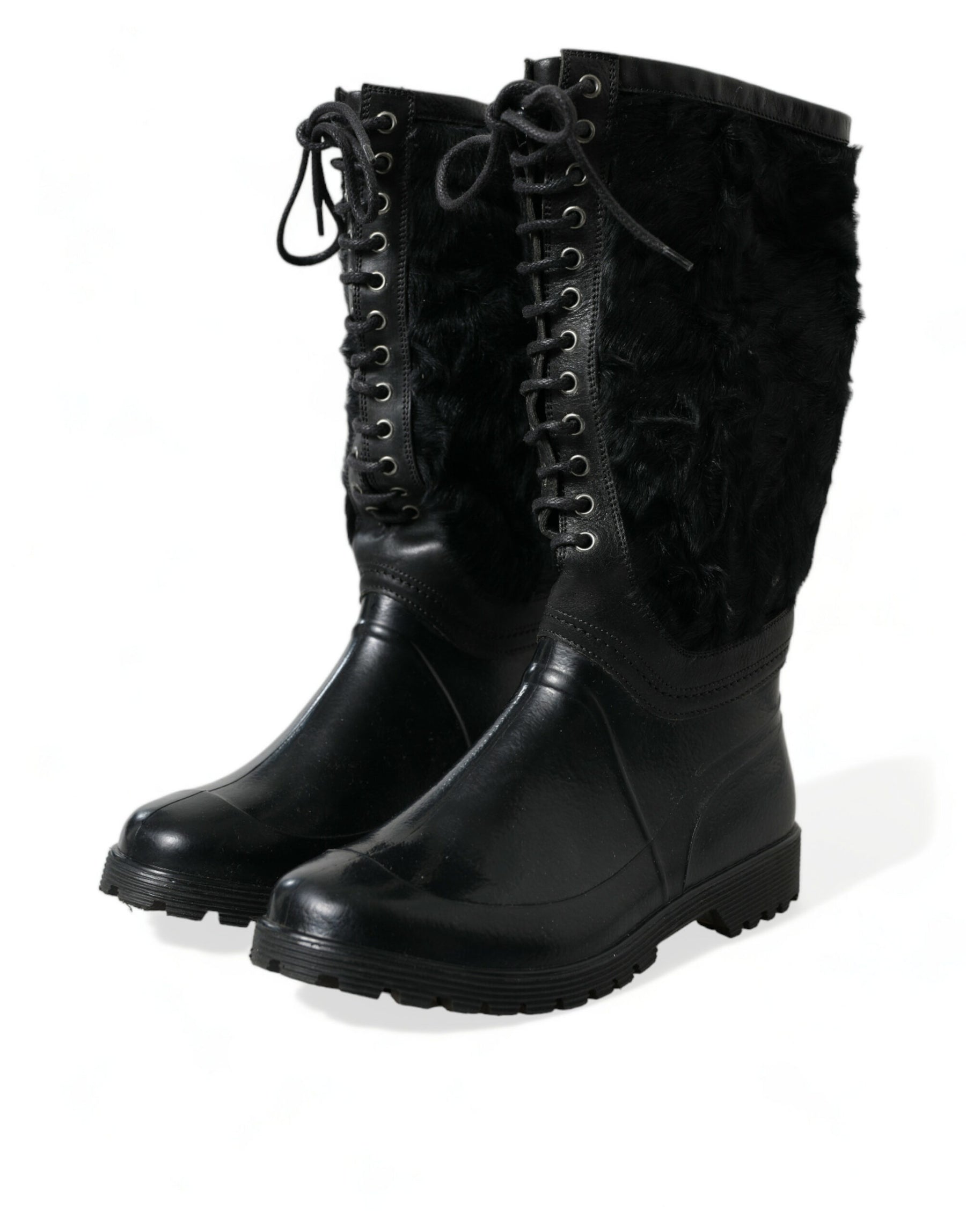 Dolce & Gabbana Black Rubber Lace Up Shearling Rain Boots Shoes | Regal Royce