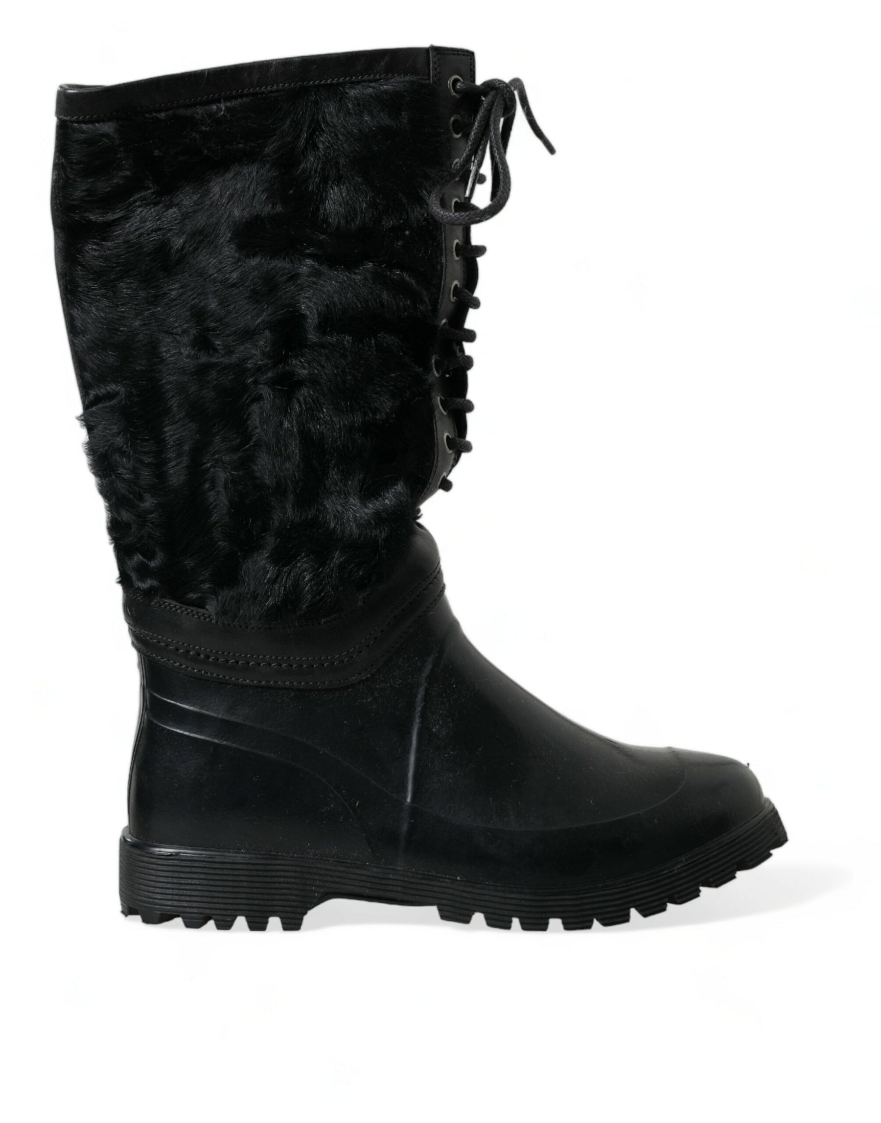 Dolce & Gabbana Black Rubber Lace Up Shearling Rain Boots Shoes | Regal Royce