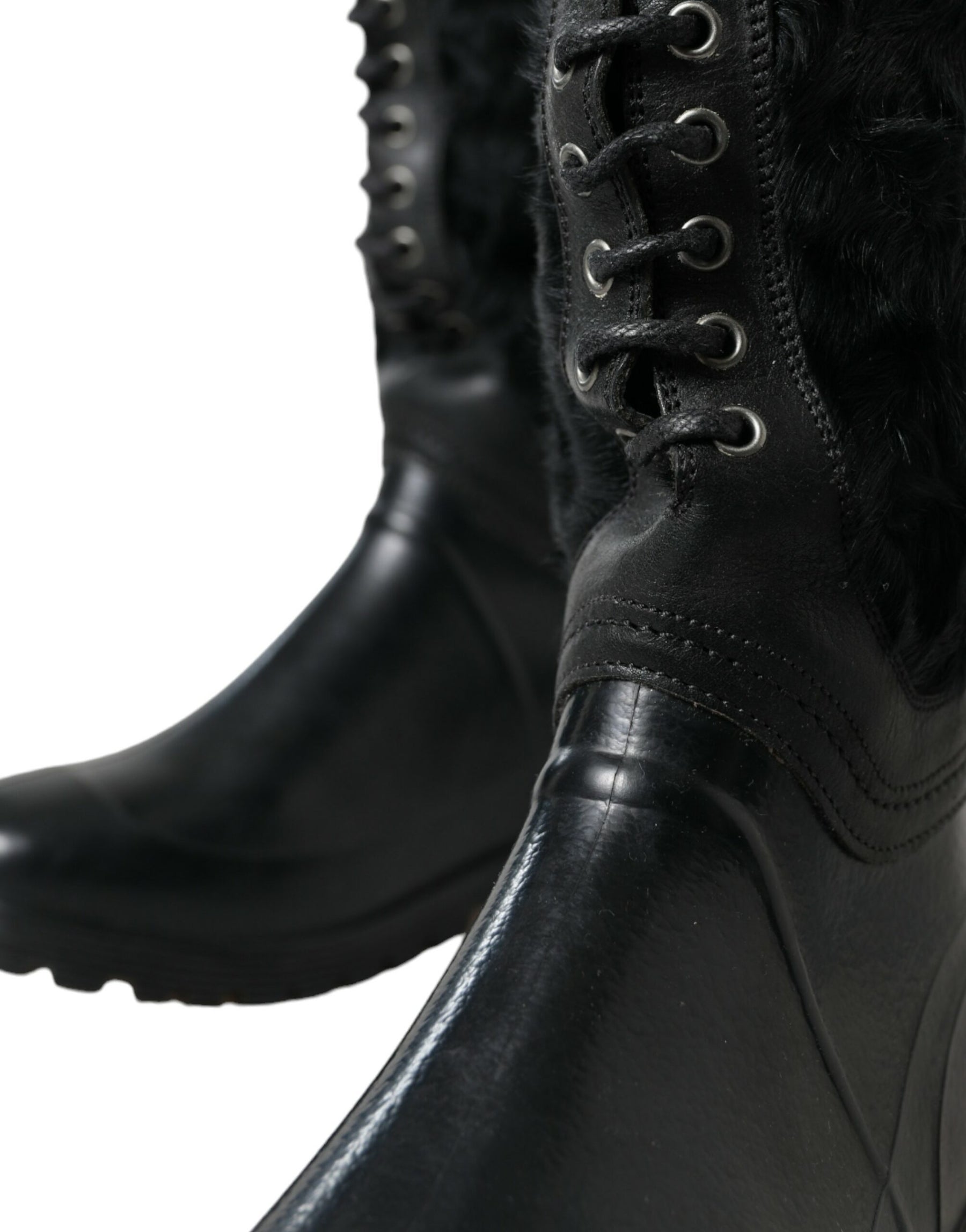 Dolce & Gabbana Black Rubber Lace Up Shearling Rain Boots Shoes | Regal Royce