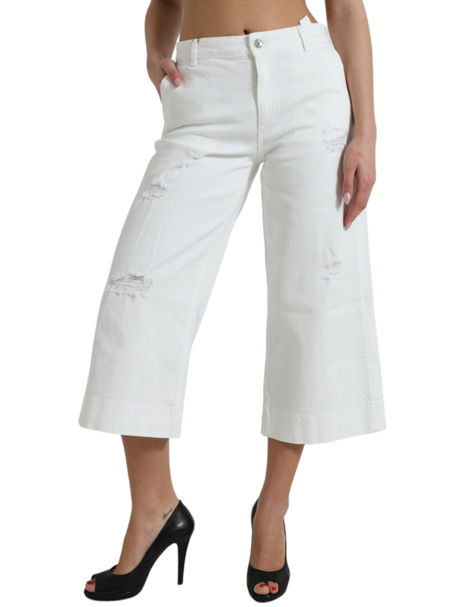 Dolce & Gabbana White Cotton Cropped Wide Leg Denim Jeans | Regal Royce