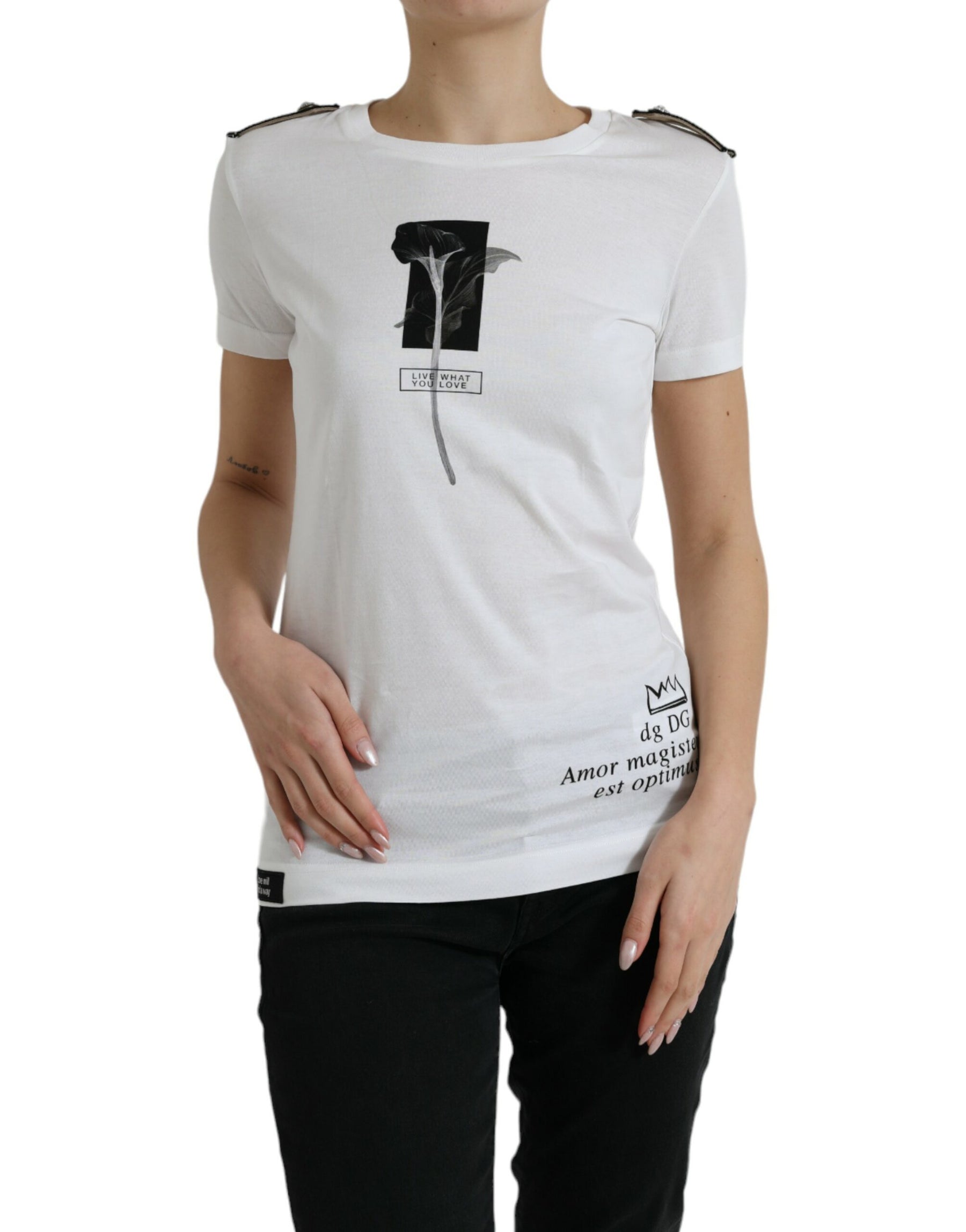 Dolce & Gabbana White Black Roses Crewneck Cotton T-shirt | Regal Royce