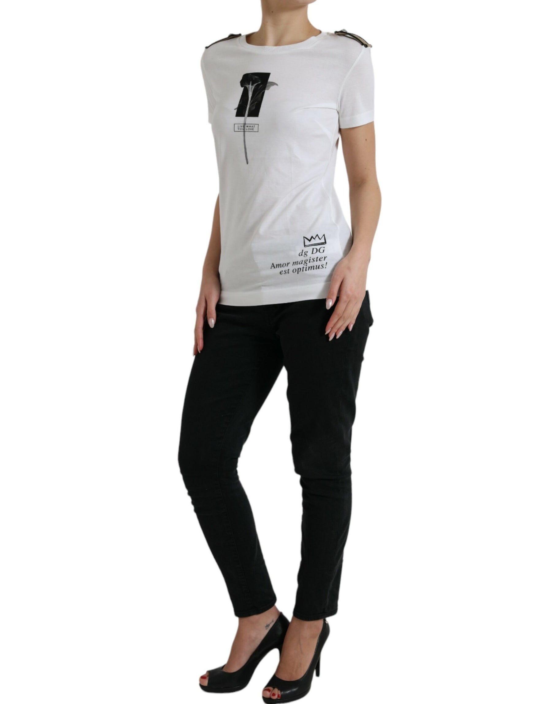 Dolce & Gabbana White Black Roses Crewneck Cotton T-shirt | Regal Royce