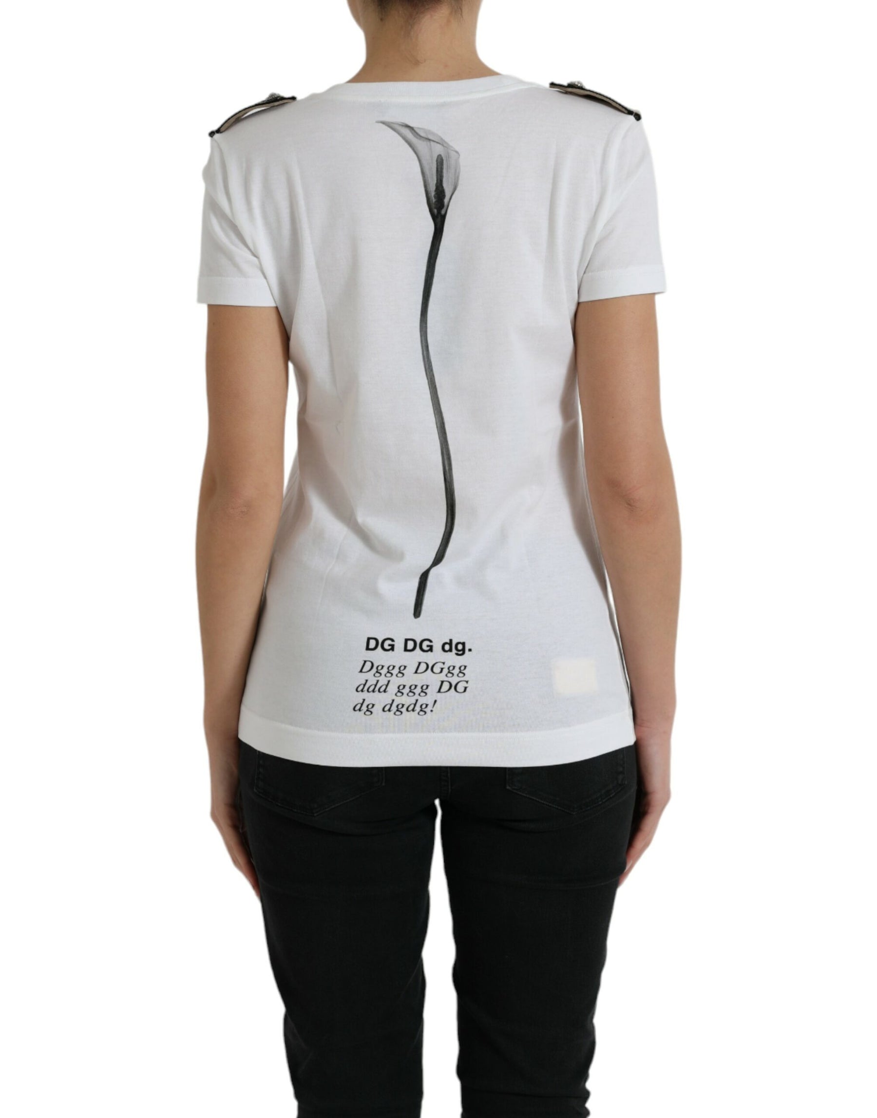 Dolce & Gabbana White Black Roses Crewneck Cotton T-shirt | Regal Royce