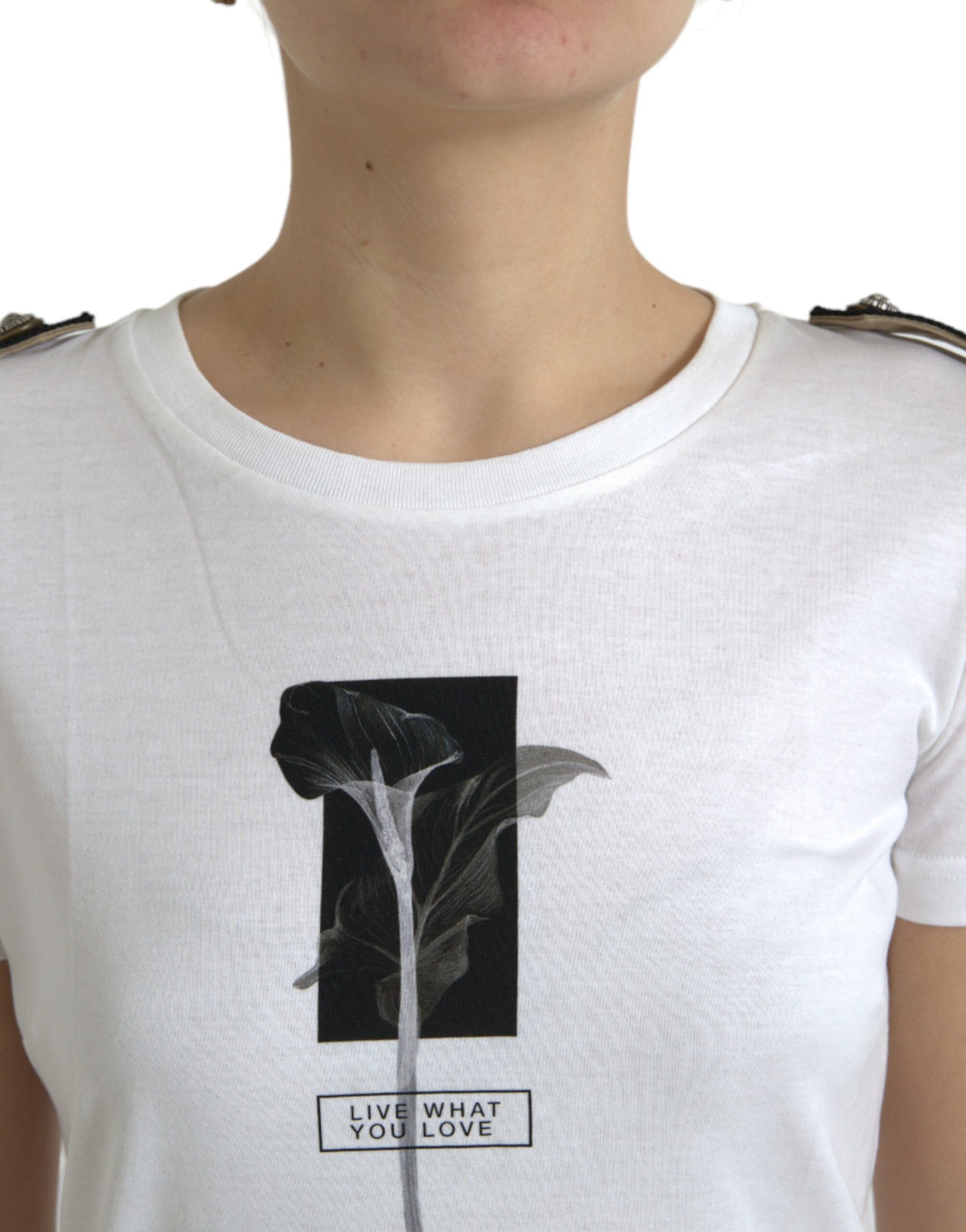 Dolce & Gabbana White Black Roses Crewneck Cotton T-shirt | Regal Royce