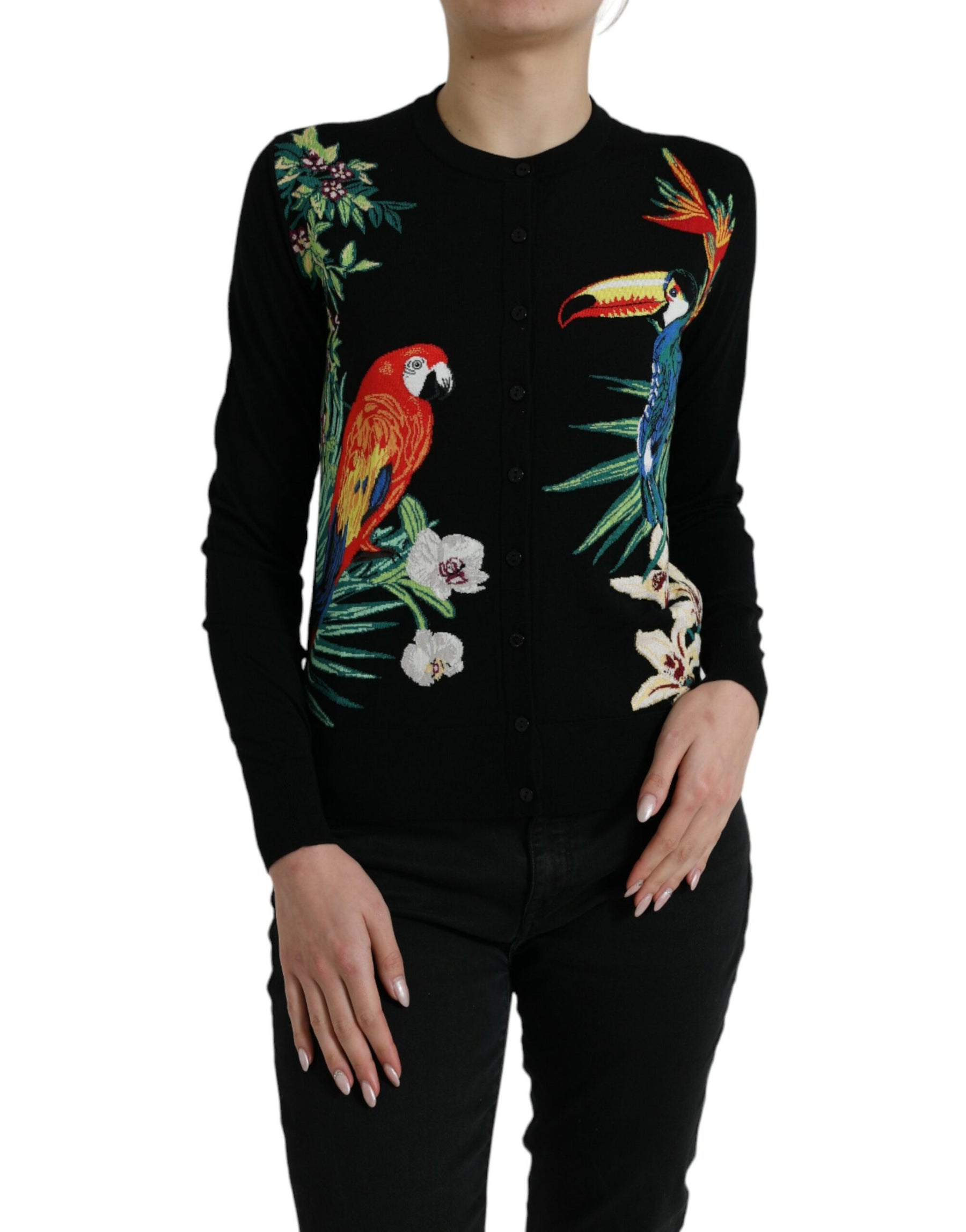 Dolce & Gabbana Black Bird Wool Long Sleeve Cardigan Sweater | Regal Royce