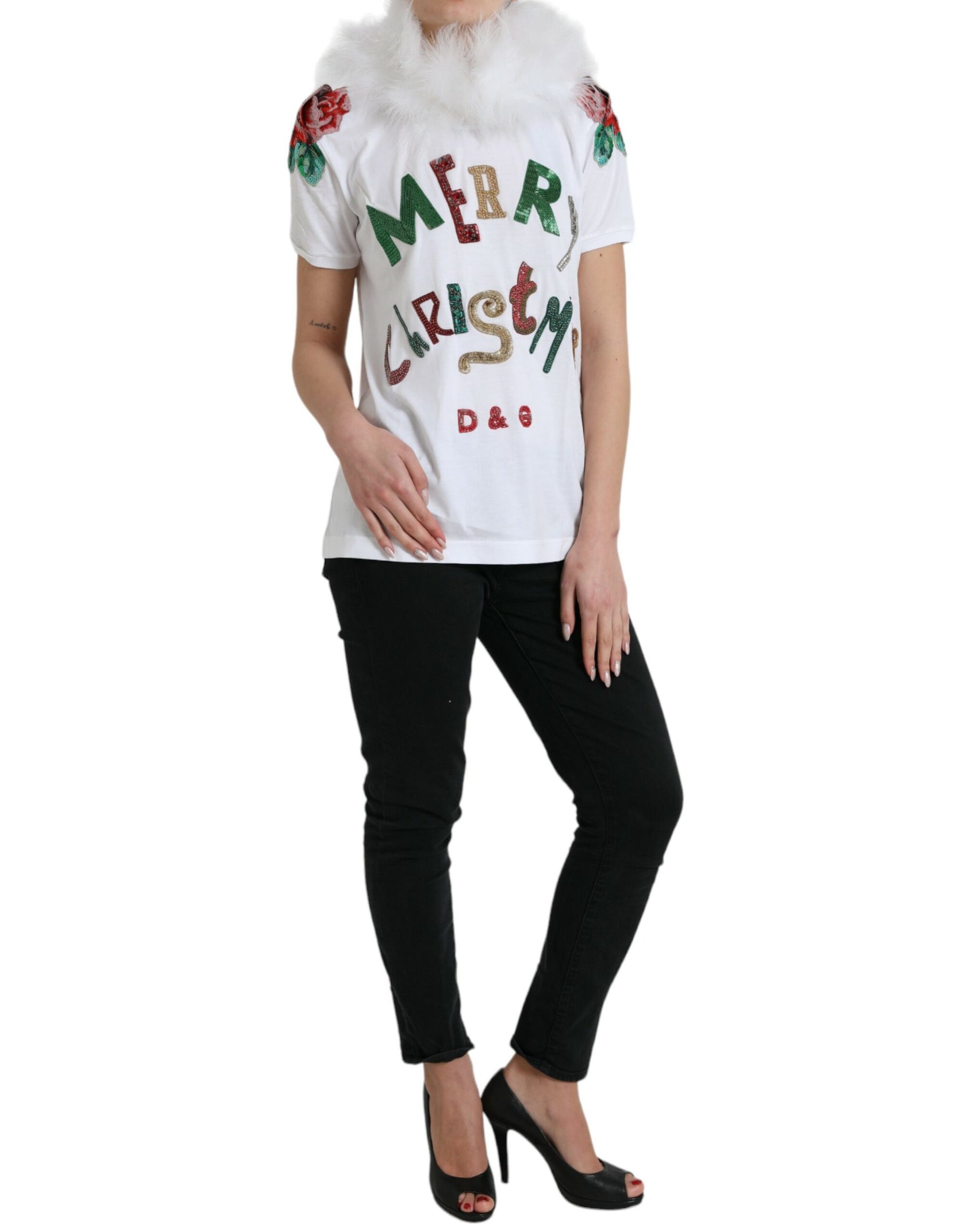 Dolce & Gabbana White Cotton Christmas Sequin Fur T-shirt | Regal Royce