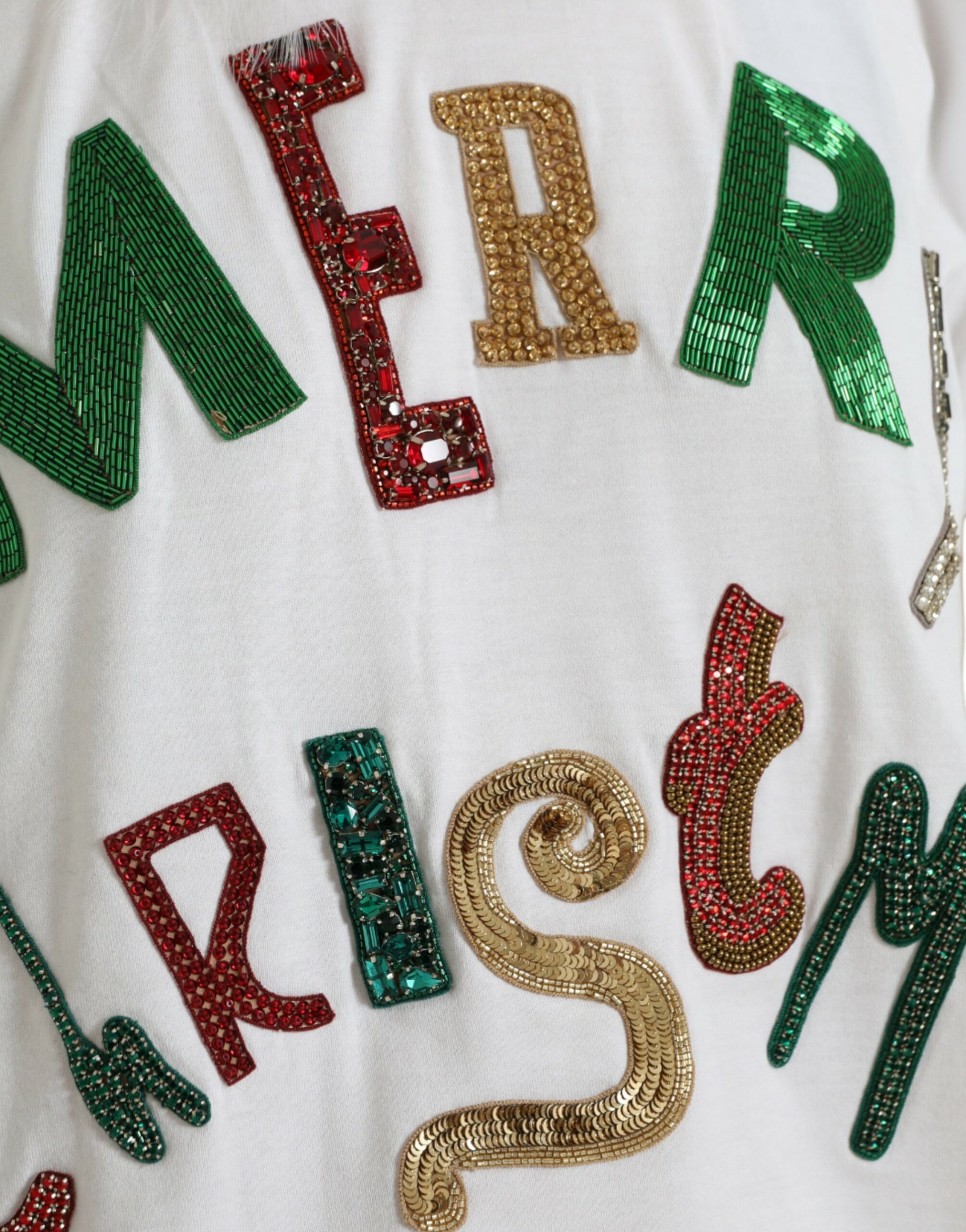 Dolce & Gabbana White Cotton Christmas Sequin Fur T-shirt | Regal Royce