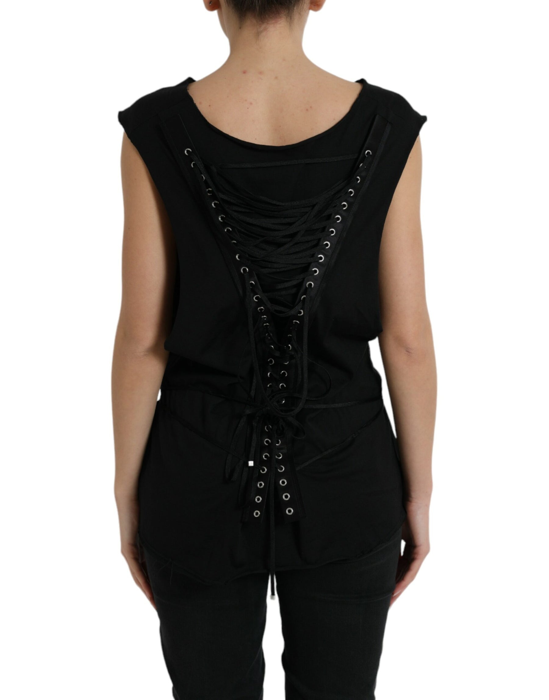 Dolce & Gabbana Black Cotton Lace Up Logo Round Neck Tank Top | Regal Royce