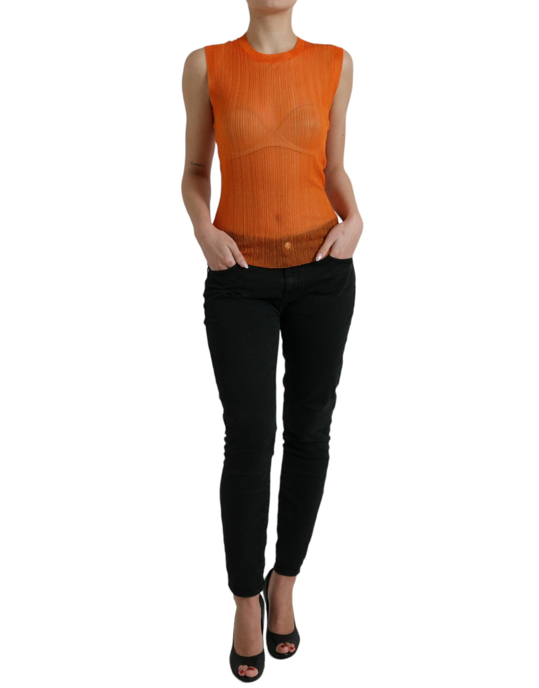 Dolce & Gabbana Orange See Through Crew Neck Blouse Tank Top | Regal Royce