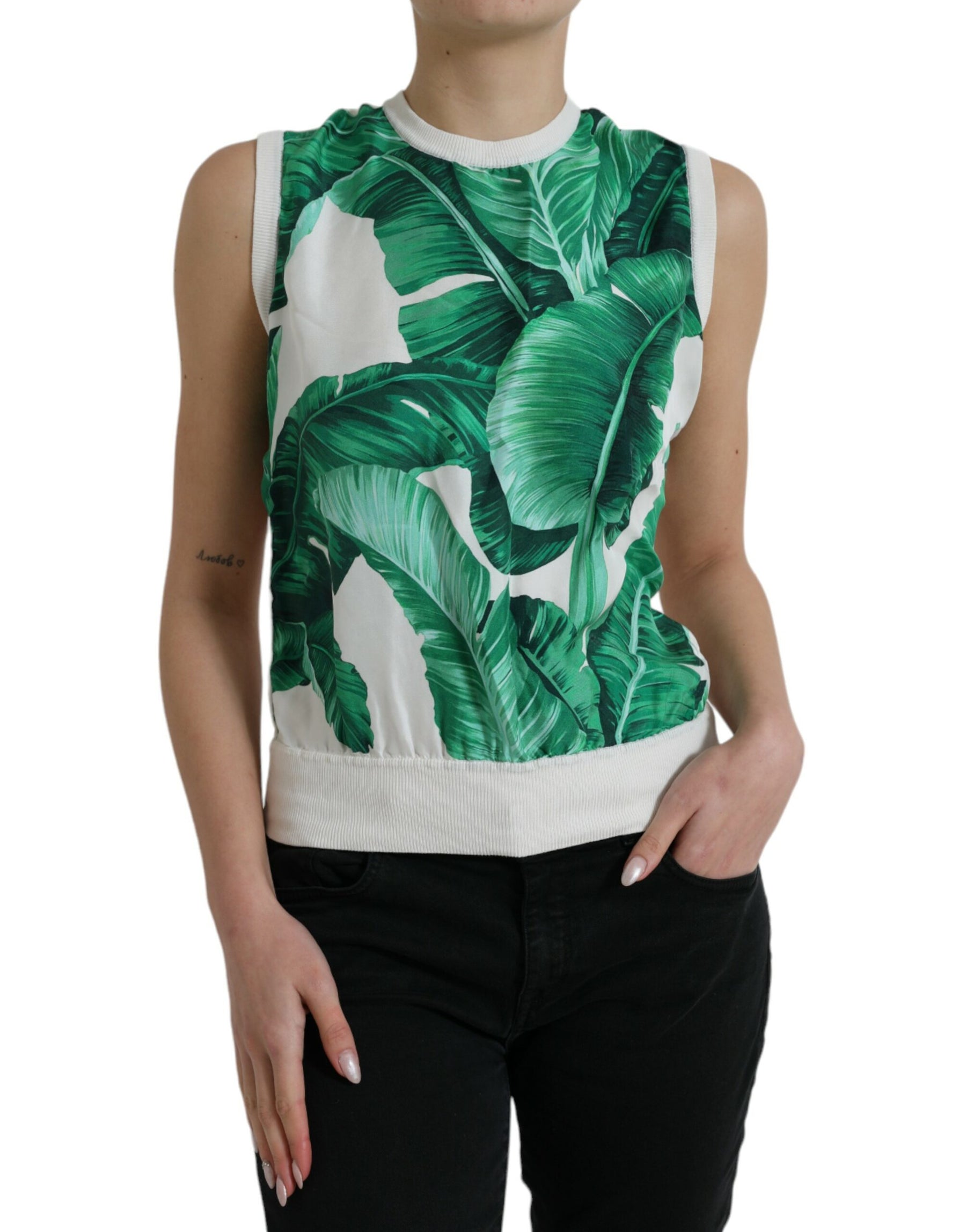 Dolce & Gabbana White Banana Leaf Print Crew Neck Tank Top | Regal Royce