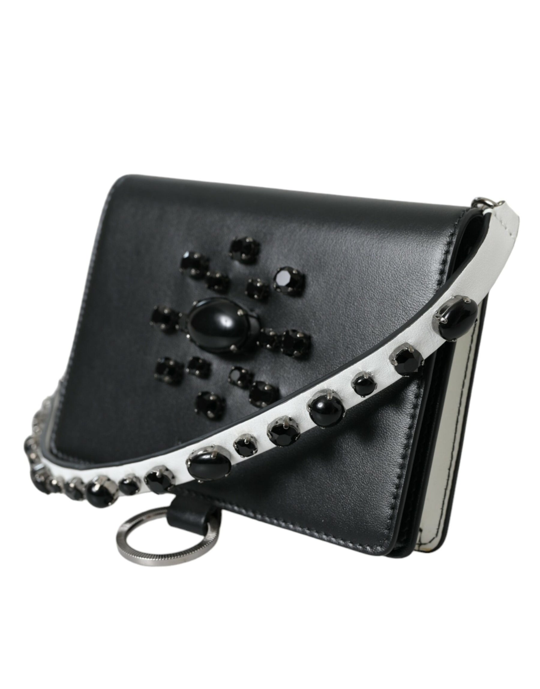 Dolce & Gabbana Black White Leather Crystal Embellished Cardholder Wallet | Regal Royce