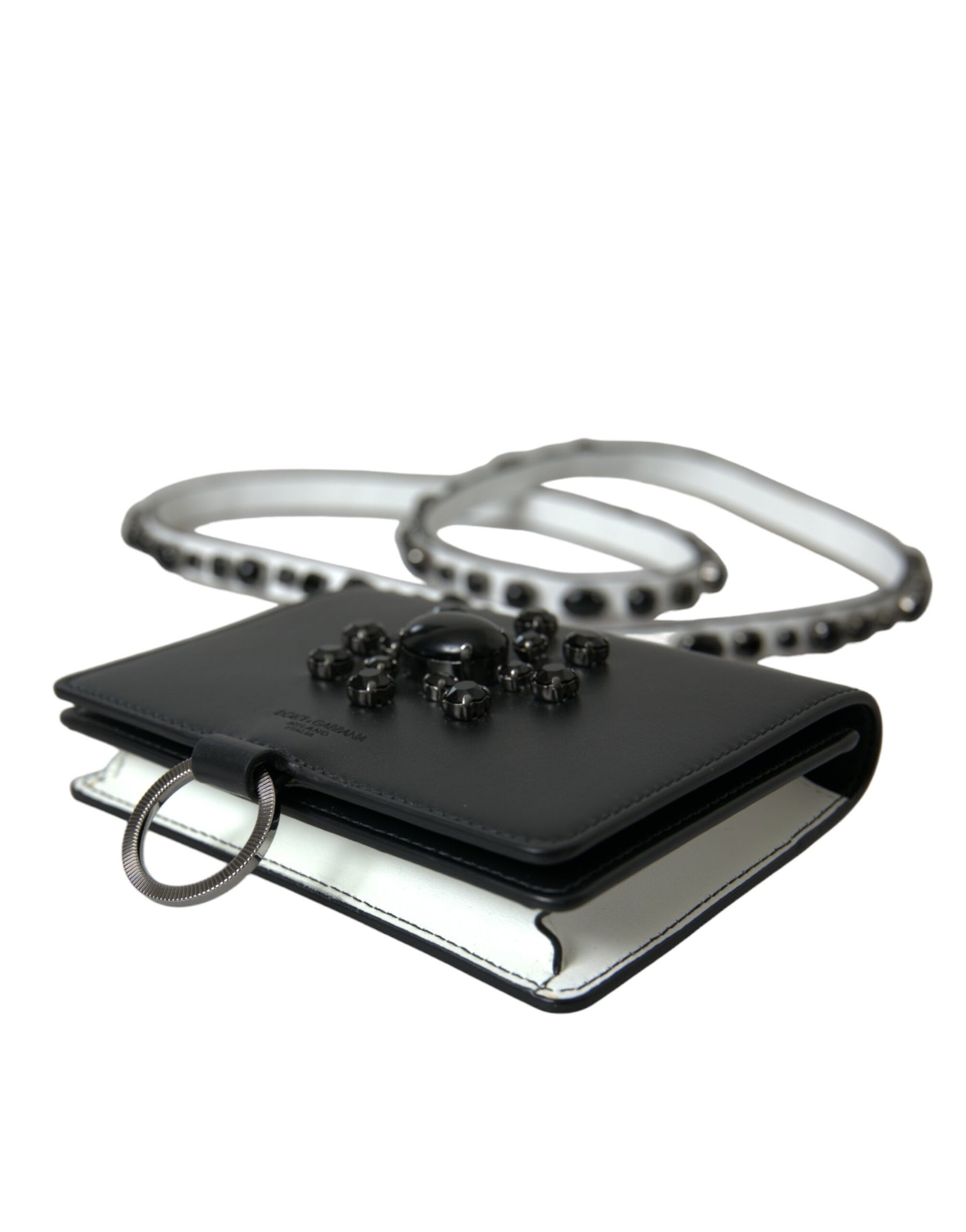 Dolce & Gabbana Black White Leather Crystal Embellished Cardholder Wallet | Regal Royce
