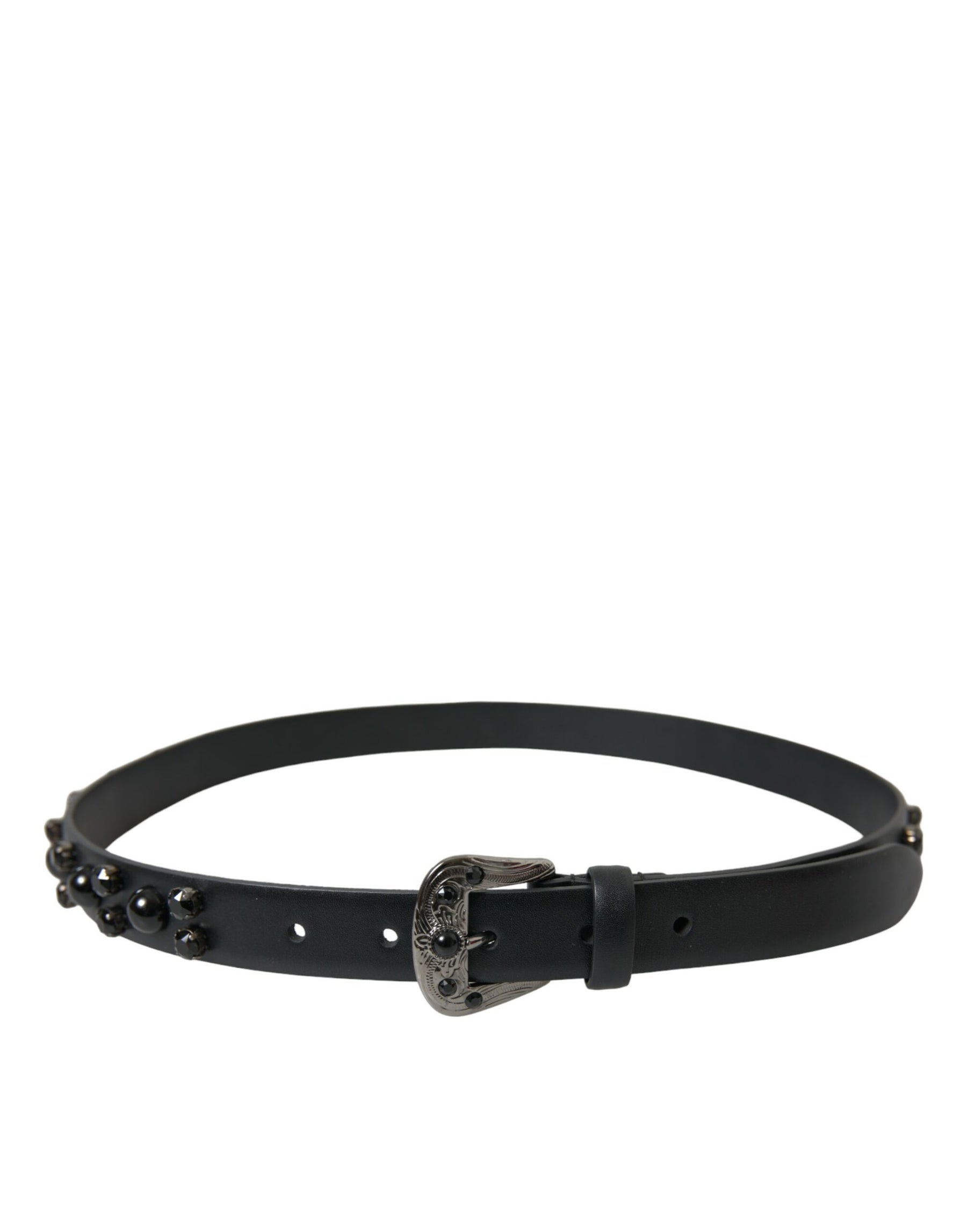 Dolce & Gabbana Black Embellished Leather Engraved Buckle Belt | Regal Royce