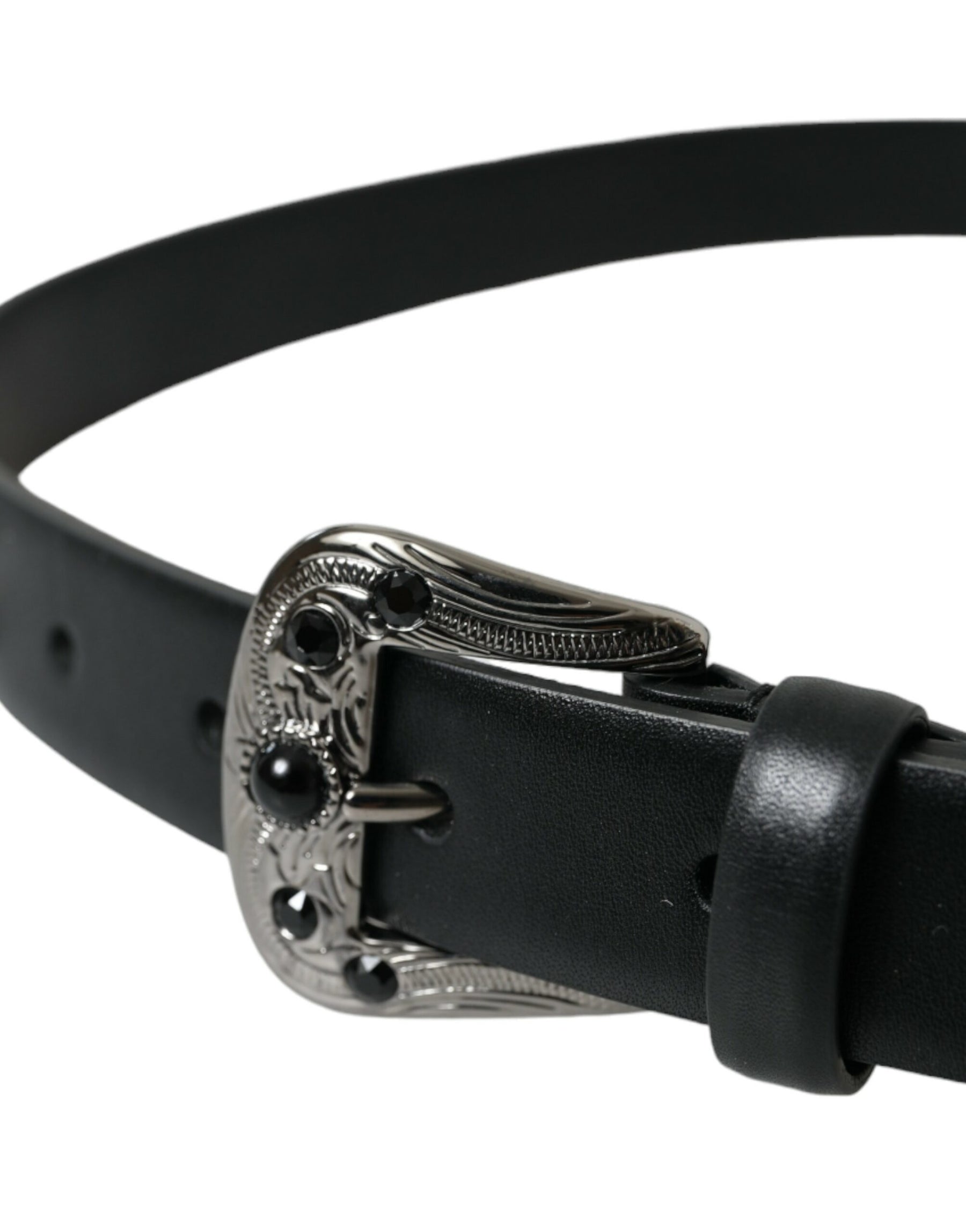 Dolce & Gabbana Black Embellished Leather Engraved Buckle Belt | Regal Royce