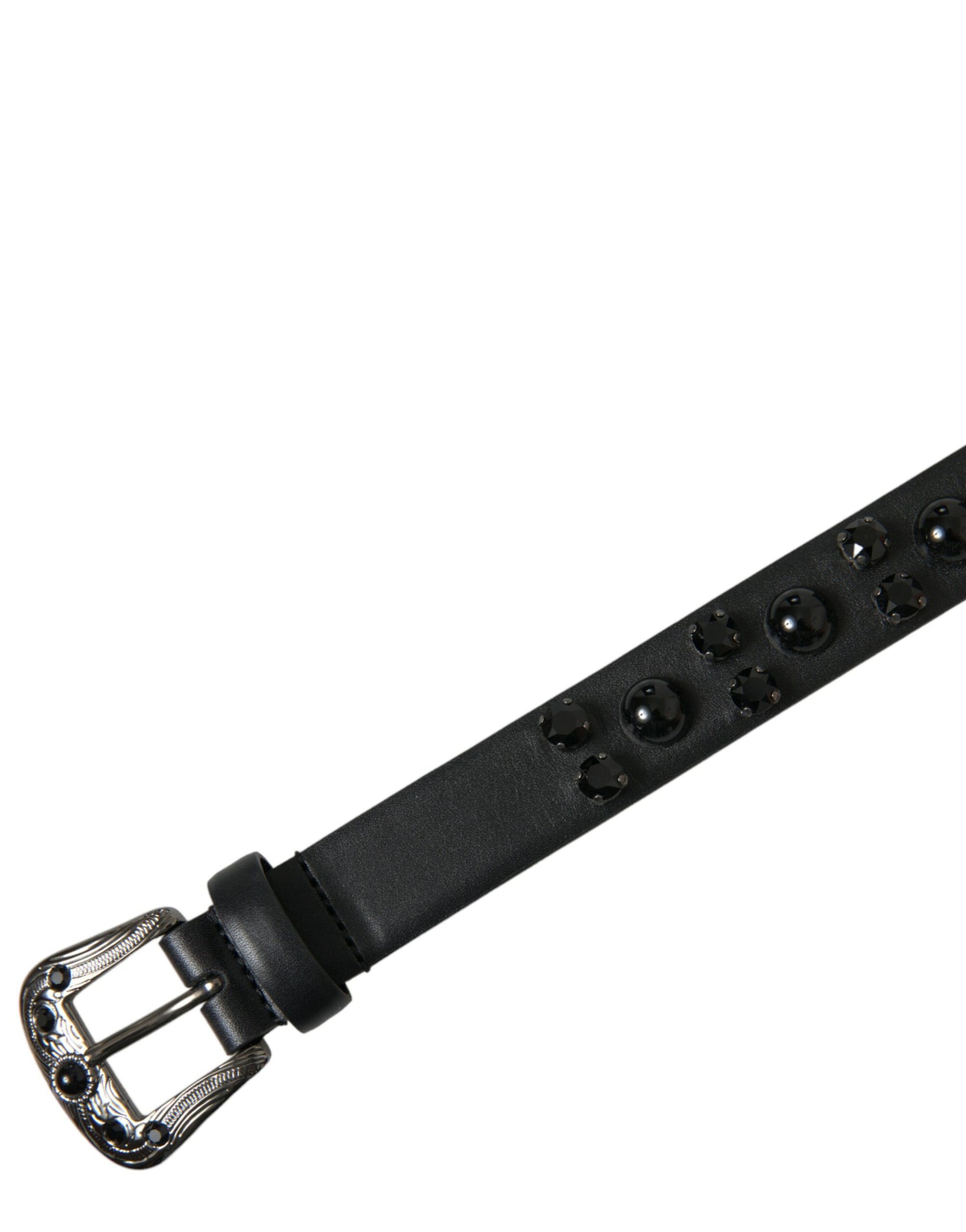 Dolce & Gabbana Black Embellished Leather Engraved Buckle Belt | Regal Royce