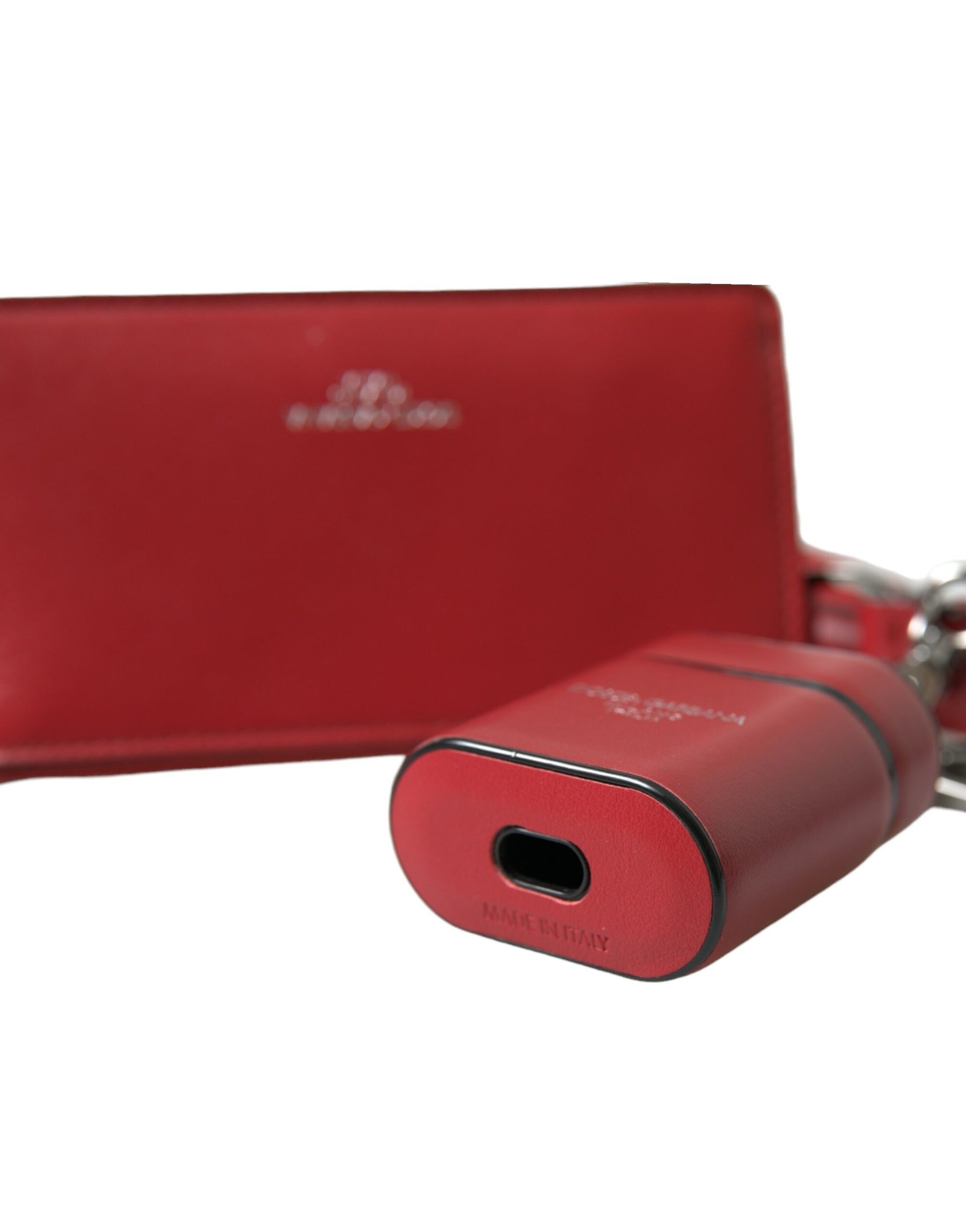 Dolce & Gabbana Red Leather Silver Metal Logo Strap Pouch Airpods Case | Regal Royce