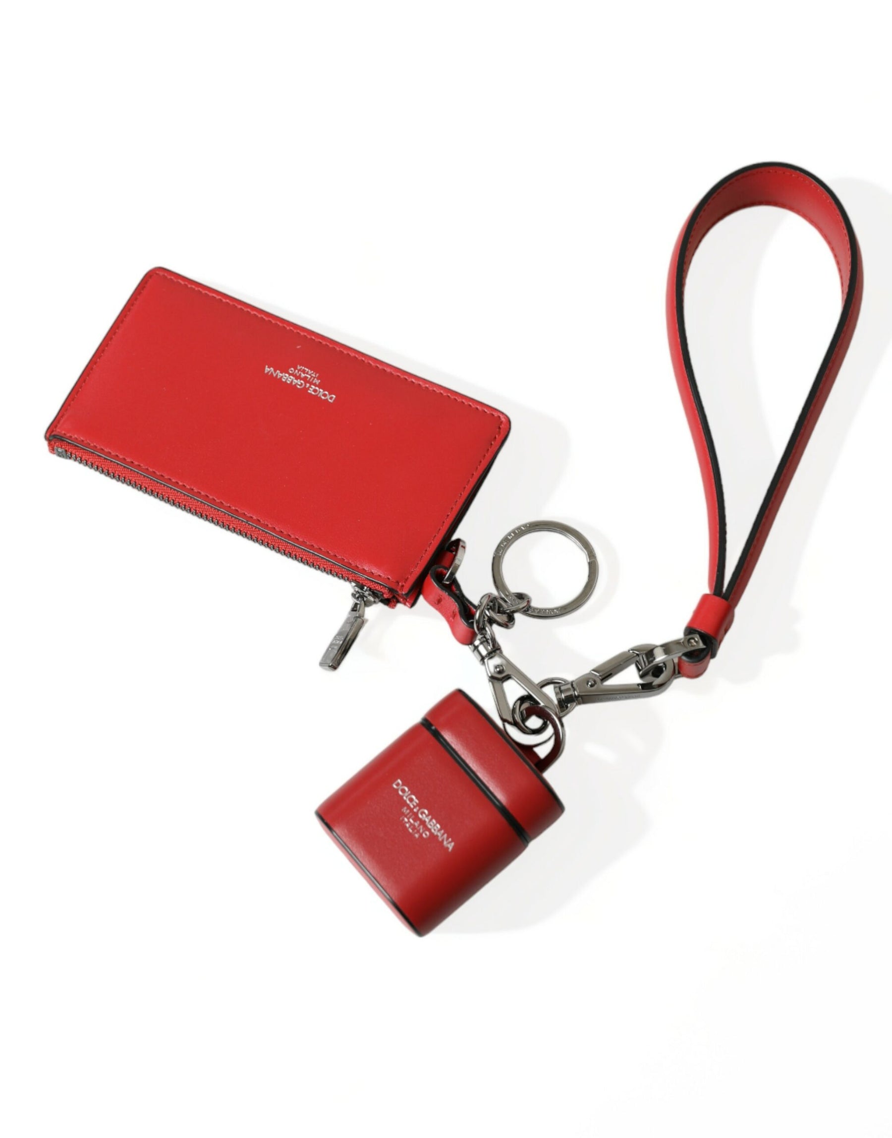 Dolce & Gabbana Red Leather Silver Metal Logo Strap Pouch Airpods Case | Regal Royce