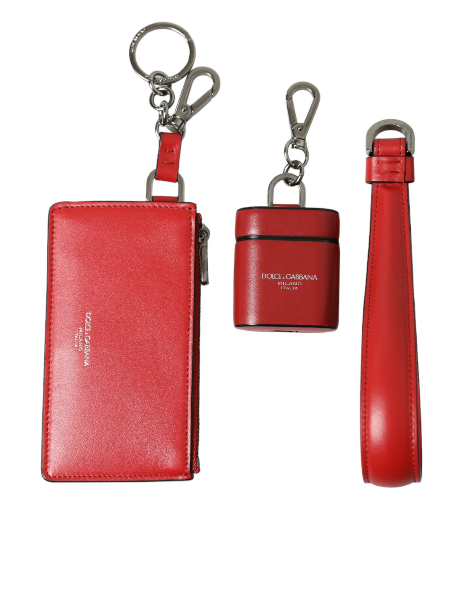 Dolce & Gabbana Red Leather Silver Metal Logo Strap Pouch Airpods Case | Regal Royce