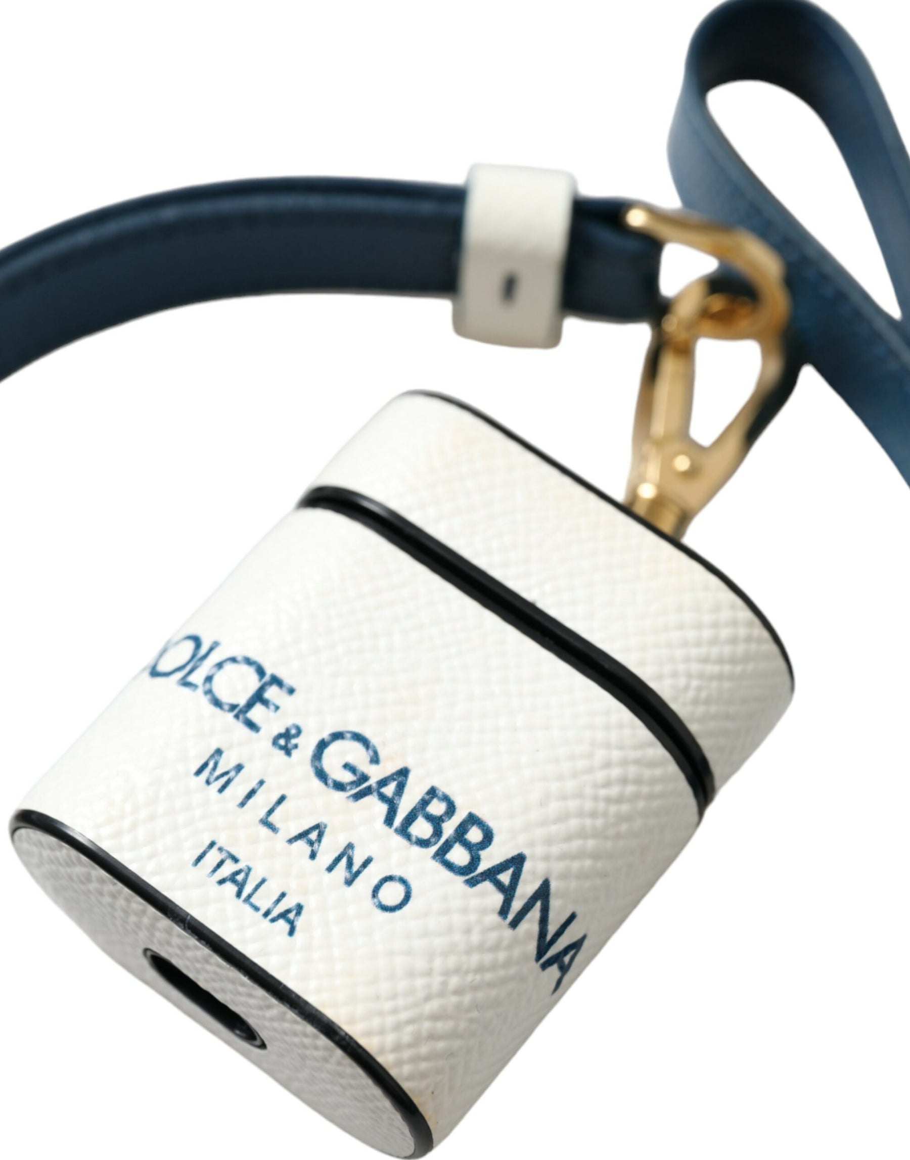 Dolce & Gabbana White Blue Calf Leather Logo Print Strap Airpods Case | Regal Royce