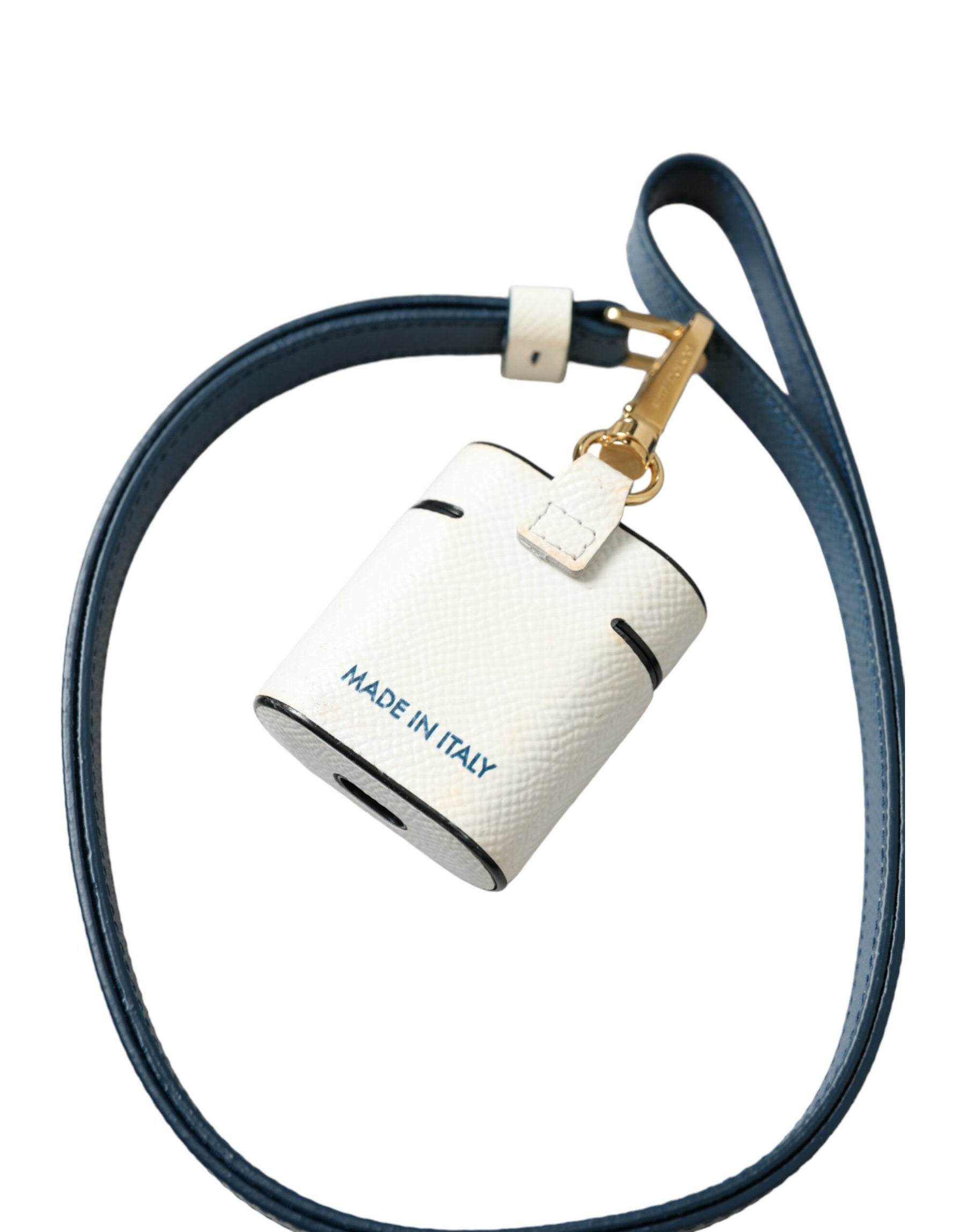 Dolce & Gabbana White Blue Calf Leather Logo Print Strap Airpods Case | Regal Royce