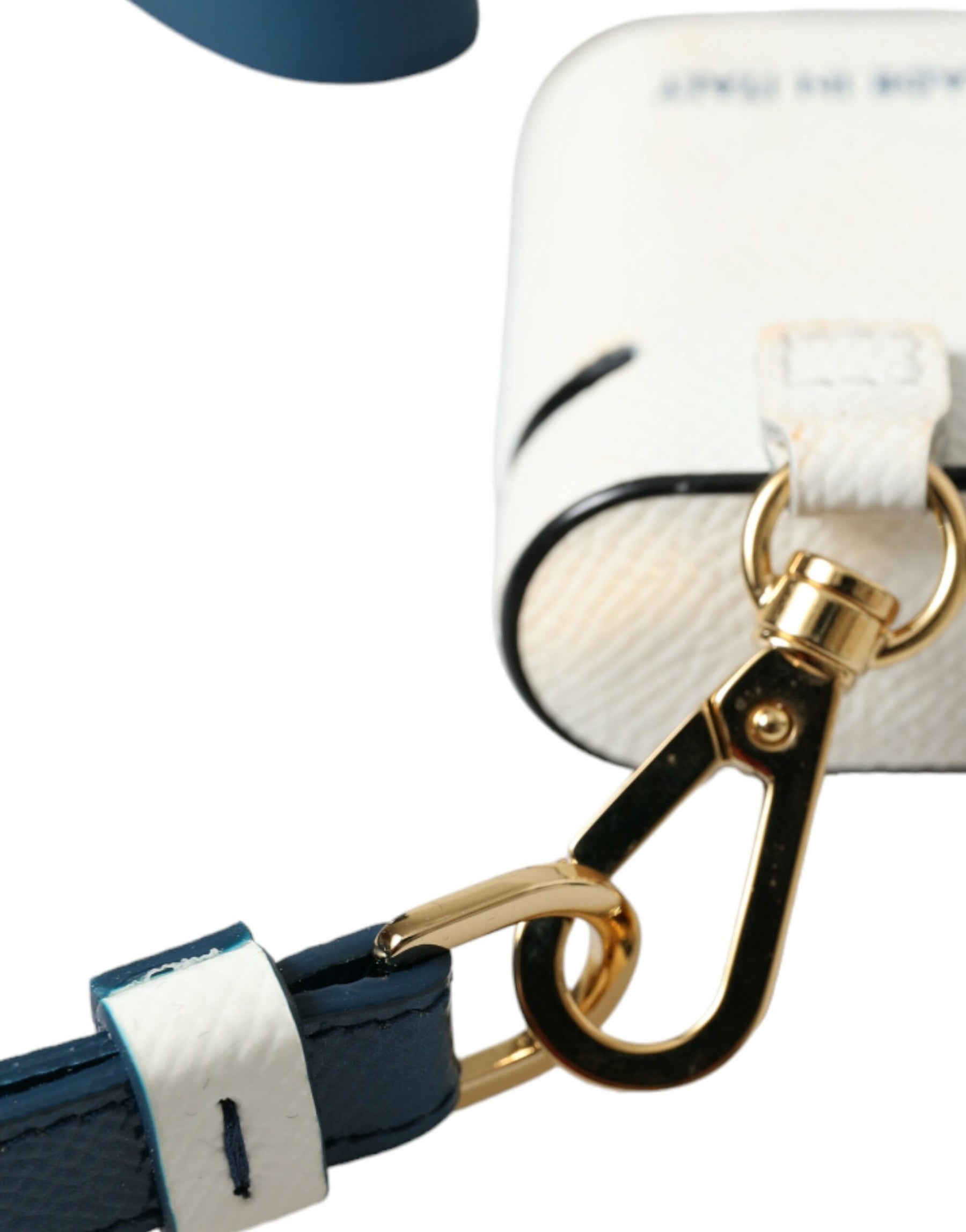 Dolce & Gabbana White Blue Calf Leather Logo Print Strap Airpods Case | Regal Royce