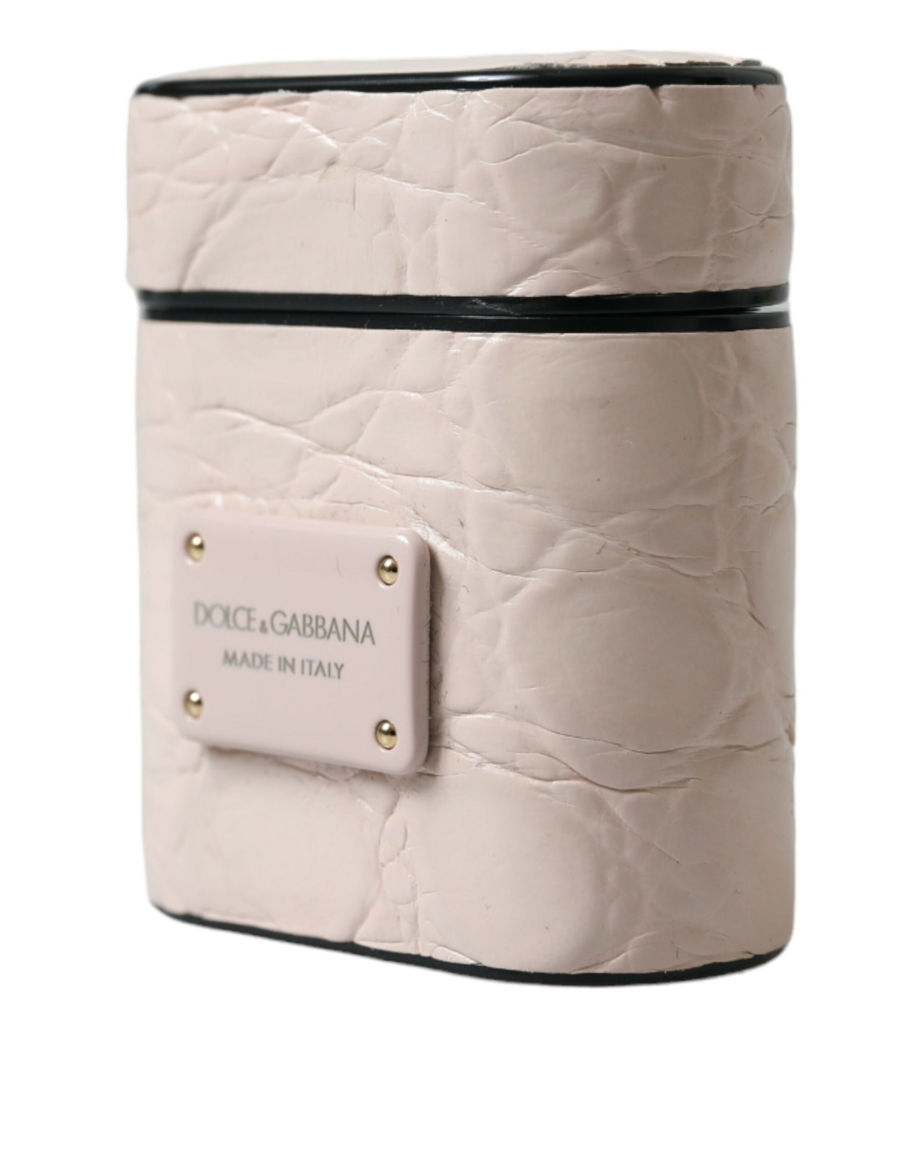 Dolce & Gabbana Light Pink Calf Leather Metal Logo Plaque Airpods Case | Regal Royce