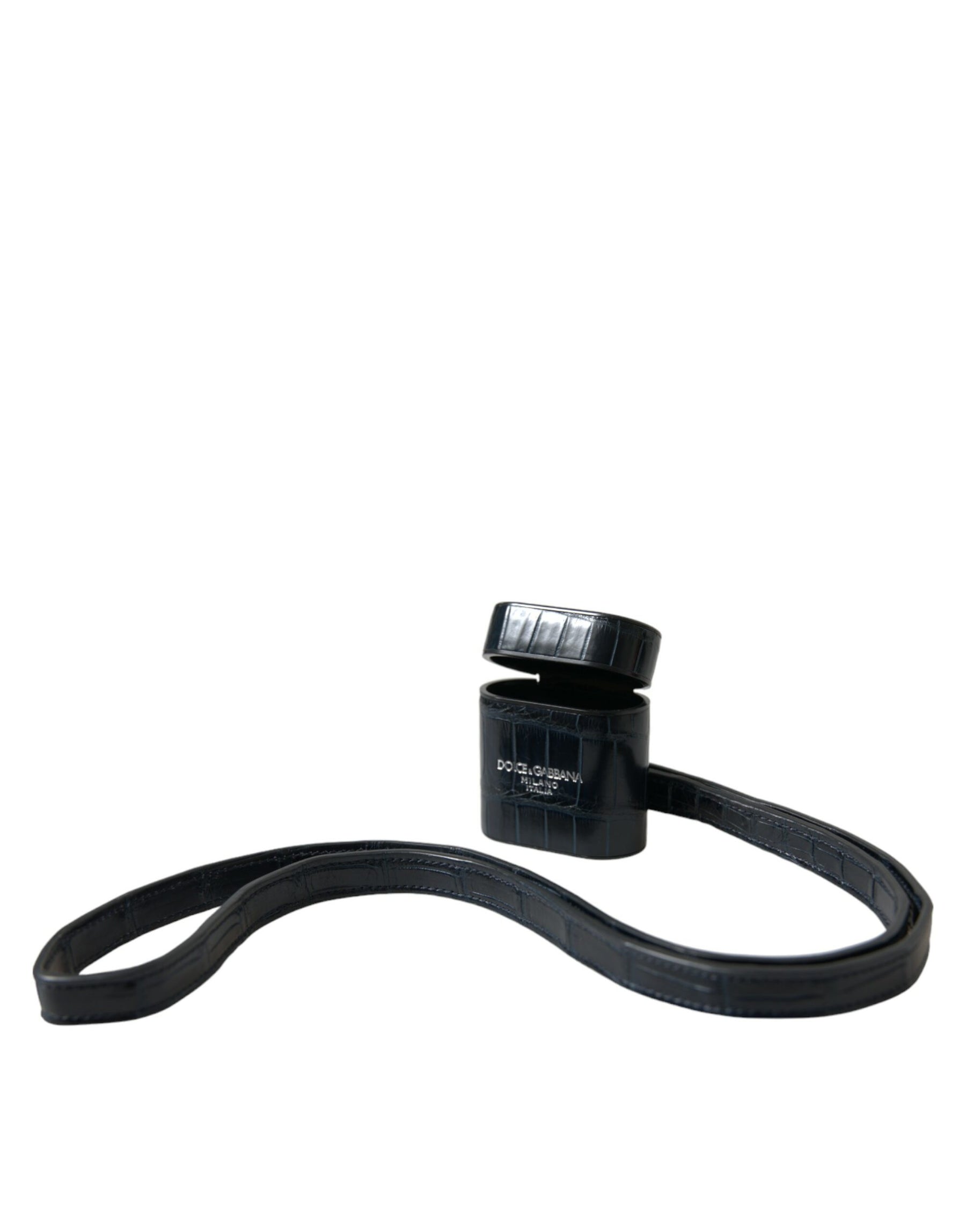 Dolce & Gabbana Black Crocodile Leather Silver Metal Logo Airpods Case | Regal Royce