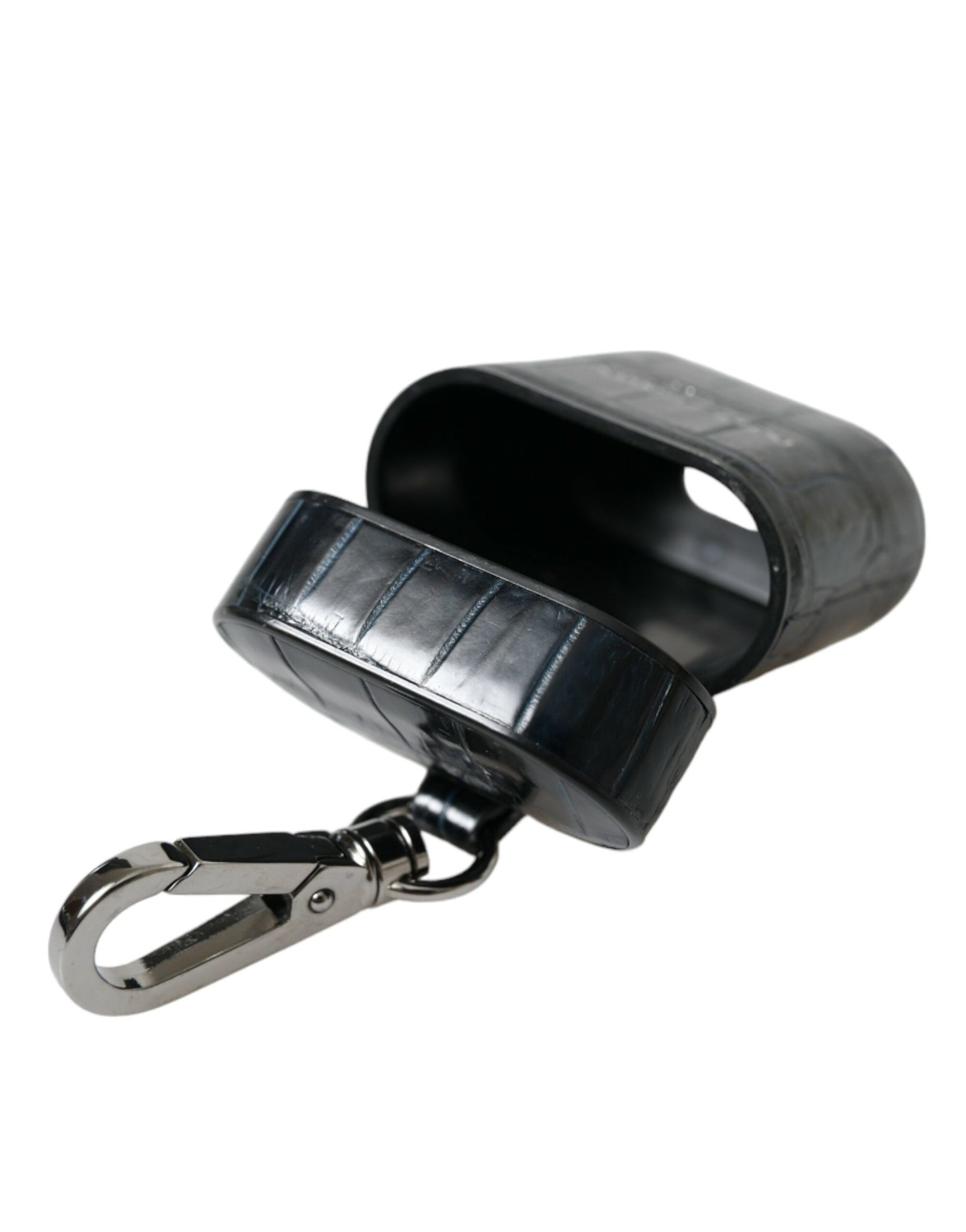 Dolce & Gabbana Black Crocodile Leather Silver Metal Logo Airpods Case | Regal Royce