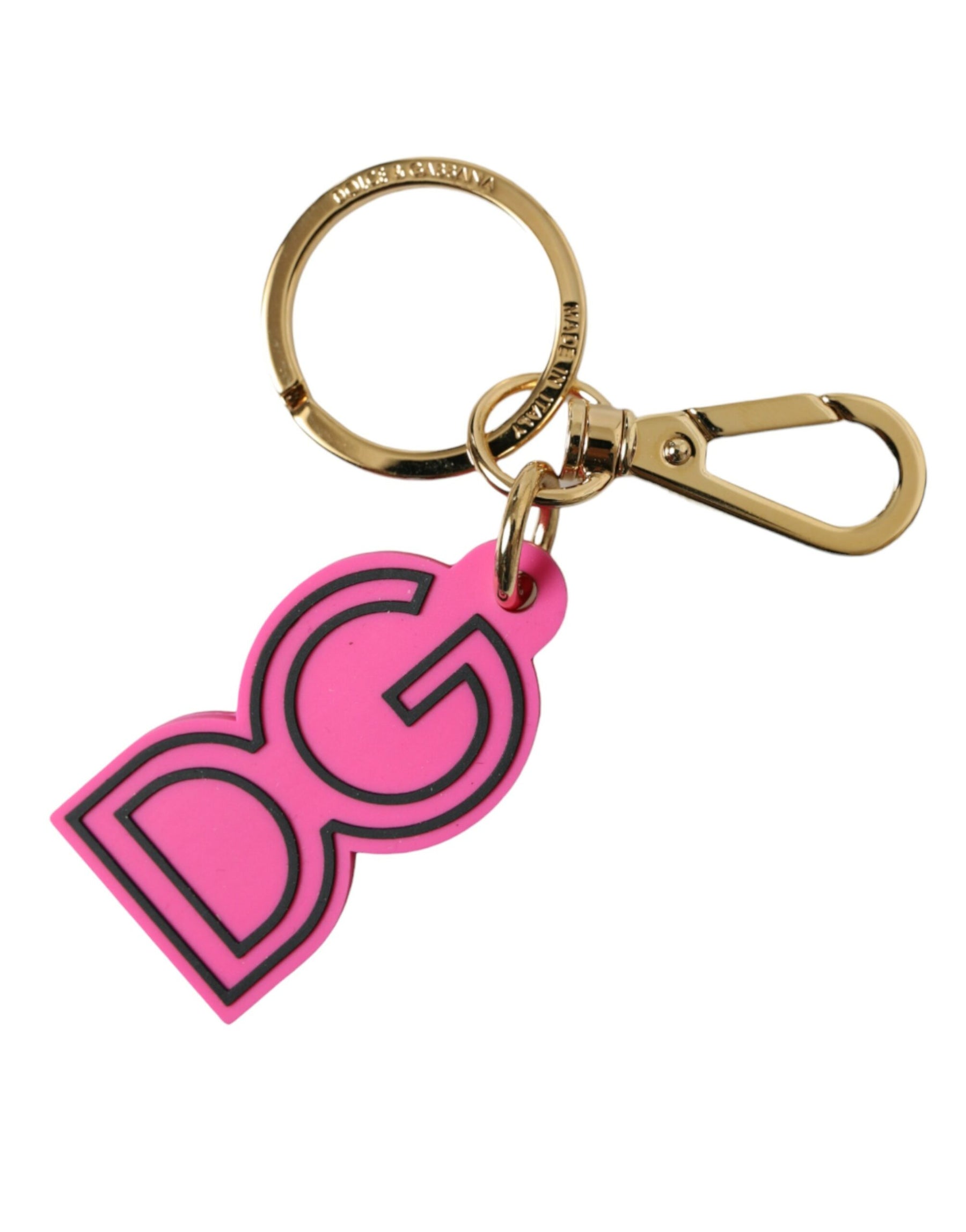 Dolce & Gabbana Pink Rubber Gold Tone Metal DG Logo Keyring Keychain | Regal Royce