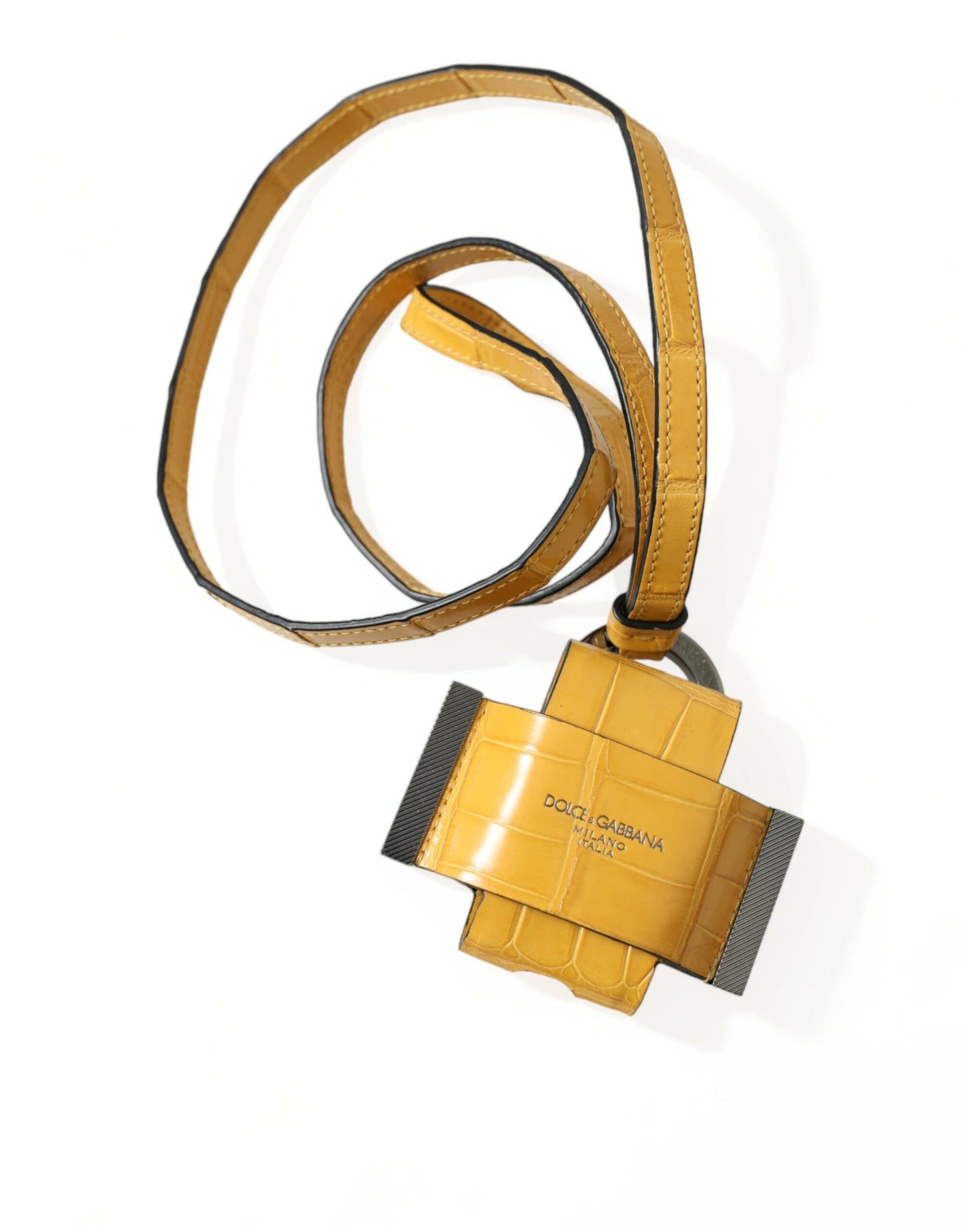 Dolce & Gabbana Yellow Crocodile Leather Logo Print Lanyard Keychain | Regal Royce