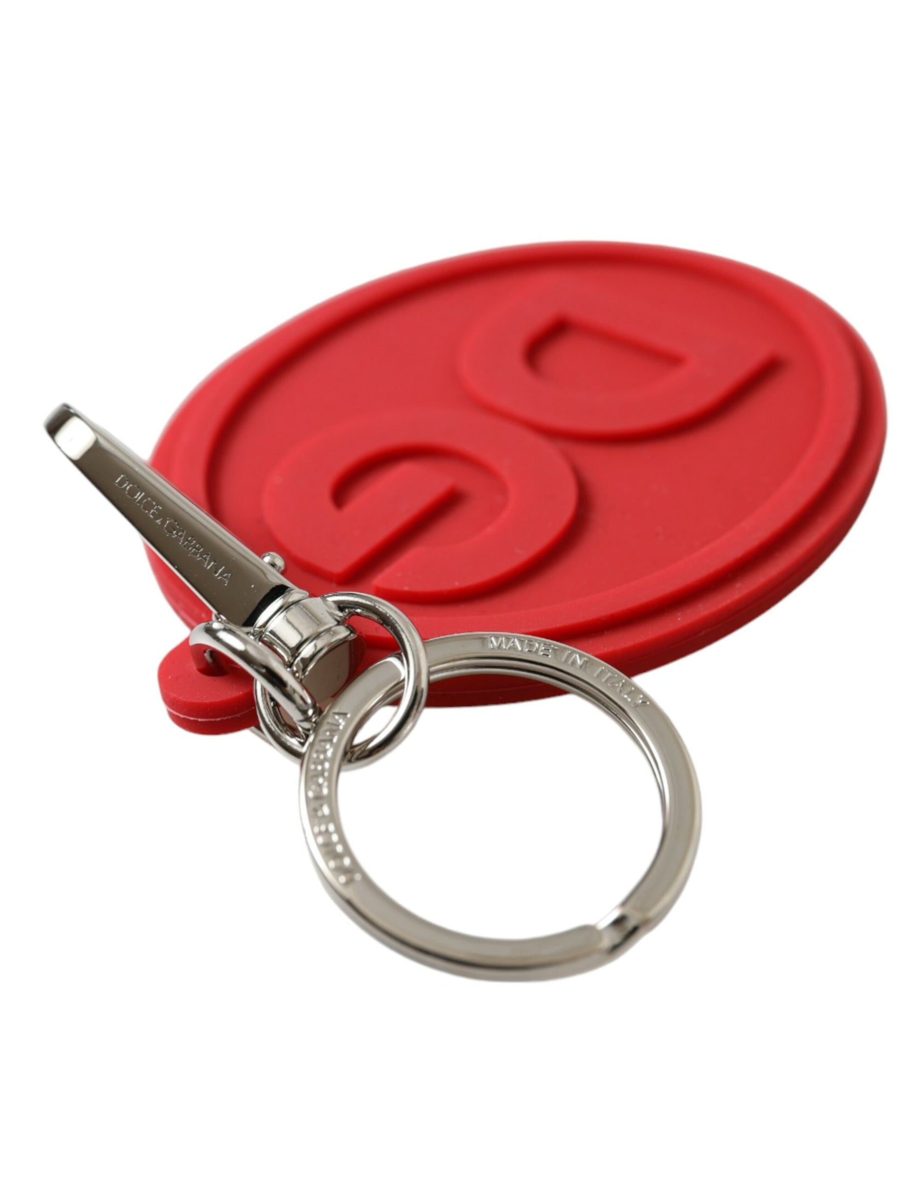 Dolce & Gabbana Red Rubber DG Logo Silver Brass Metal Keyring Keychain | Regal Royce
