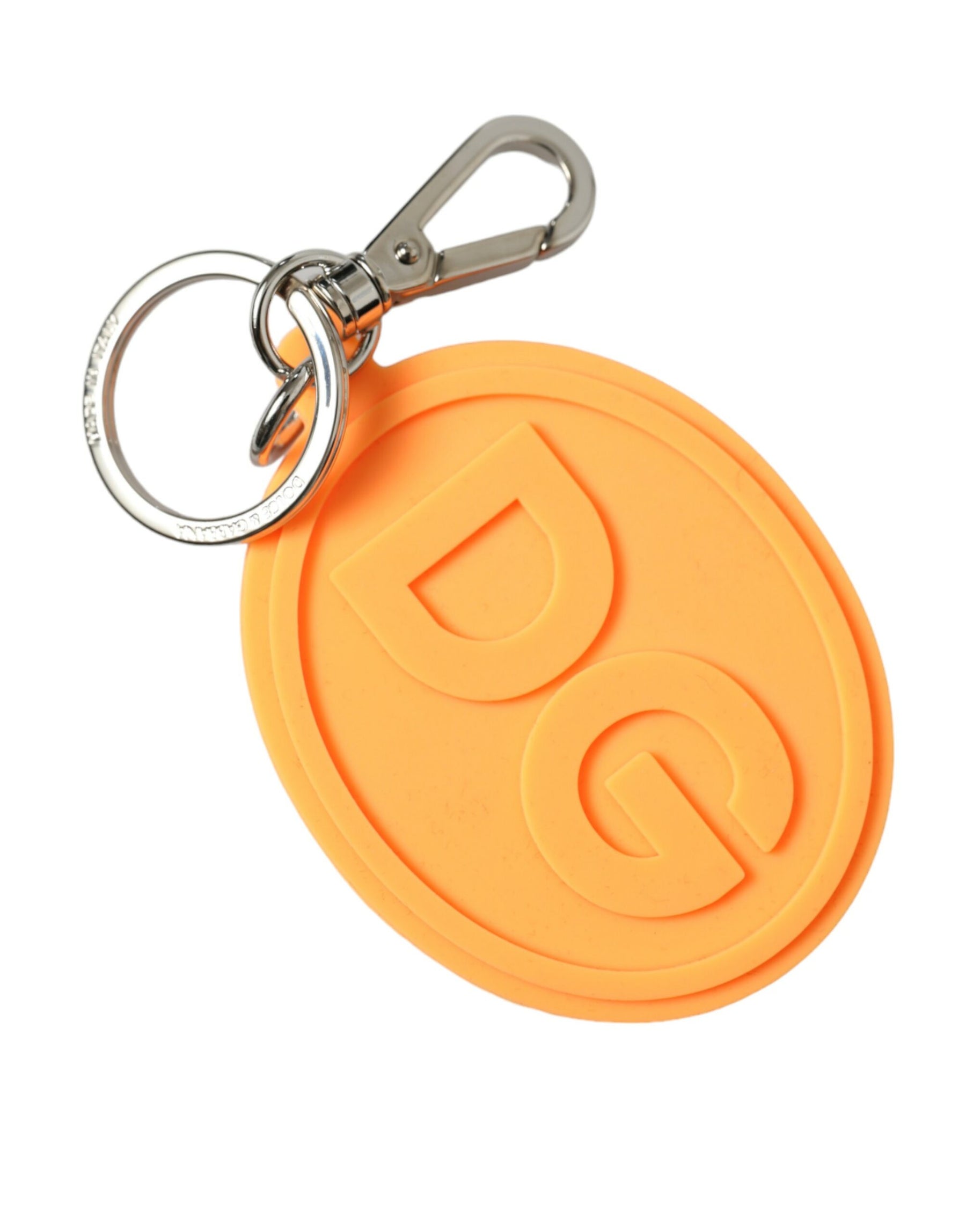 Dolce & Gabbana Orange Rubber DG Logo Silver Brass Metal Keyring Keychain | Regal Royce