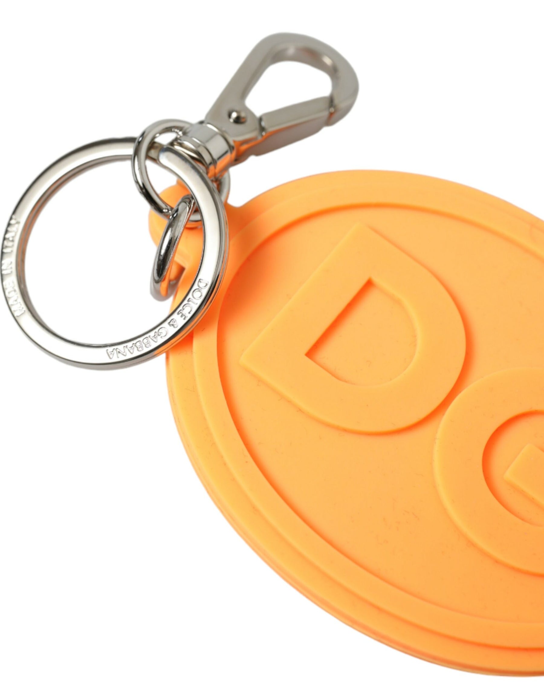 Dolce & Gabbana Orange Rubber DG Logo Silver Brass Metal Keyring Keychain | Regal Royce