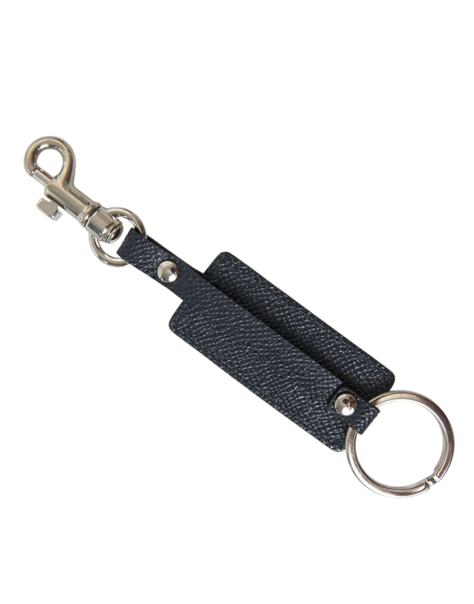 Dolce & Gabbana Black Calf Leather DG Logo Silver Brass Keyring Keychain | Regal Royce