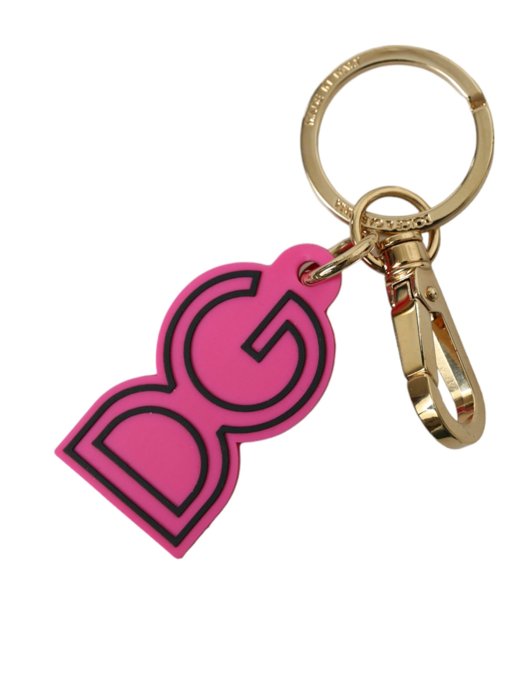 Dolce & Gabbana Pink Rubber Gold Tone Metal DG Logo Keyring Keychain | Regal Royce
