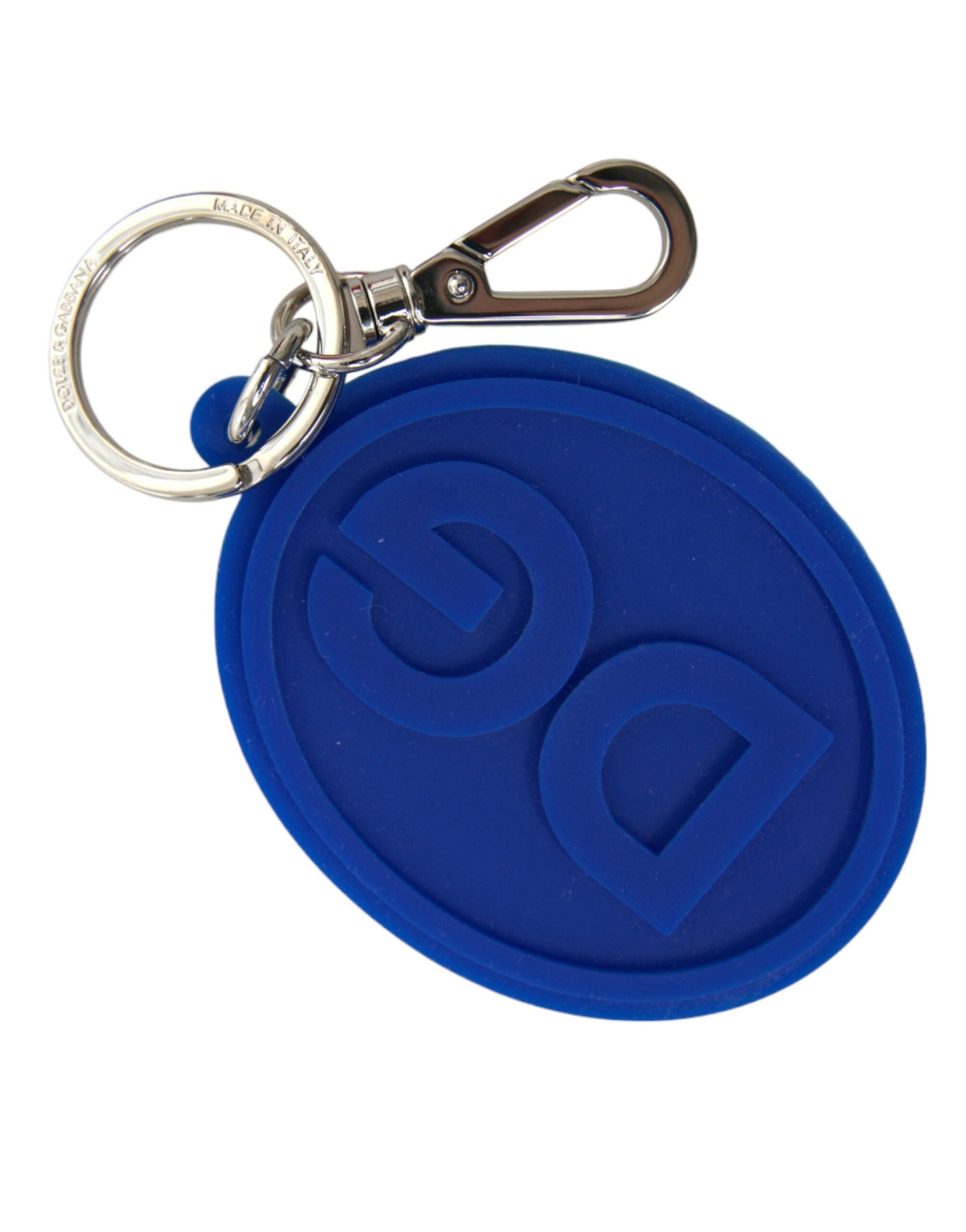Dolce & Gabbana Blue Rubber DG Logo Silver Brass Metal Keyring Keychain | Regal Royce