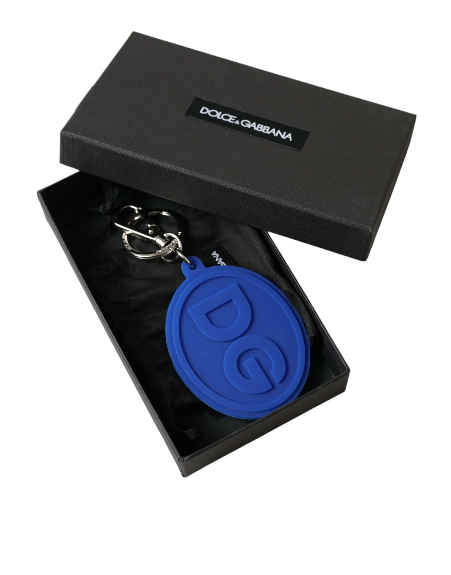 Dolce & Gabbana Blue Rubber DG Logo Silver Brass Metal Keyring Keychain | Regal Royce