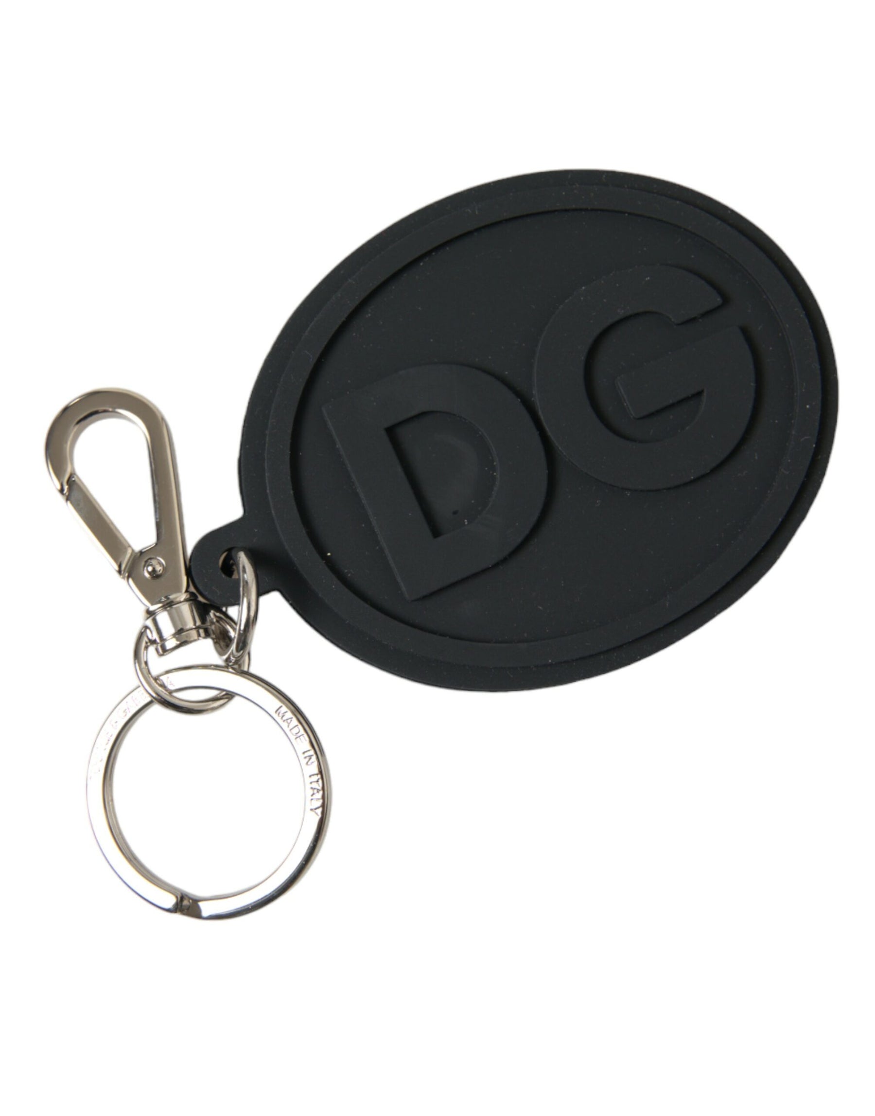 Dolce & Gabbana Black Rubber DG Logo Silver Brass Metal Keyring Keychain | Regal Royce