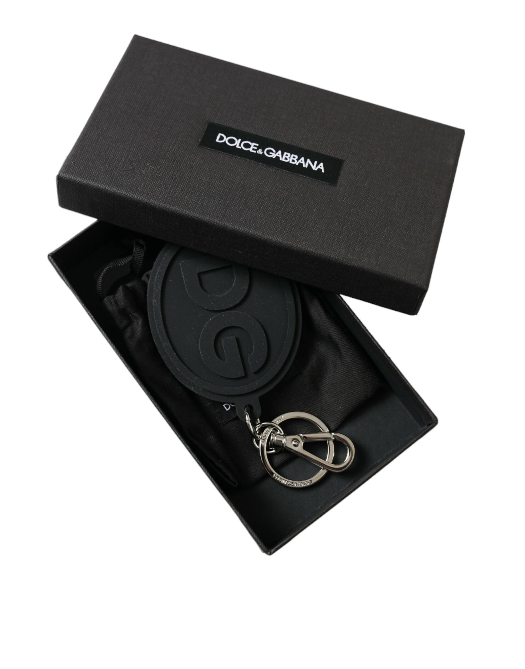 Dolce & Gabbana Black Rubber DG Logo Silver Brass Metal Keyring Keychain | Regal Royce