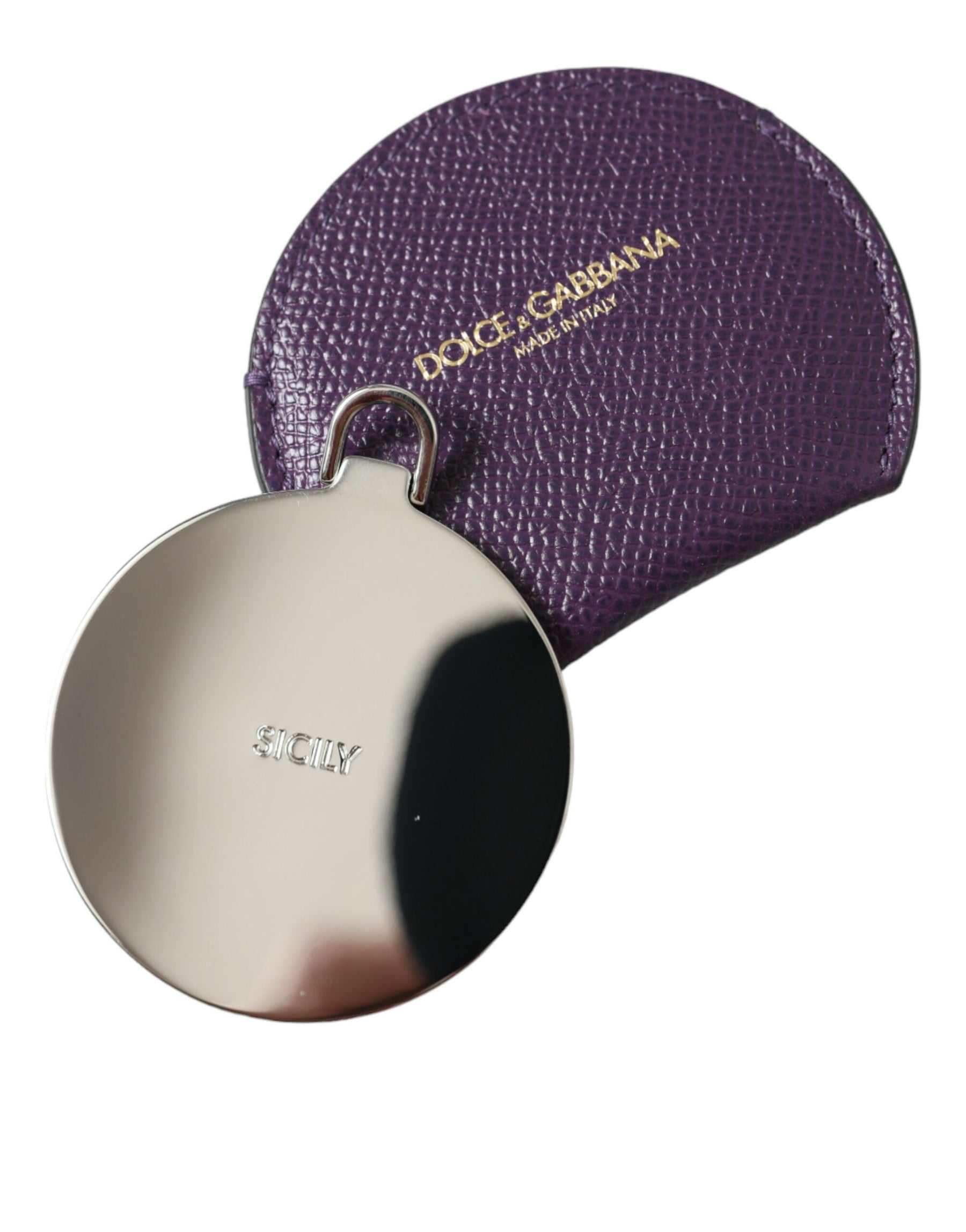 Dolce & Gabbana Purple Calfskin Leather Round Logo Hand Mirror Holder | Regal Royce