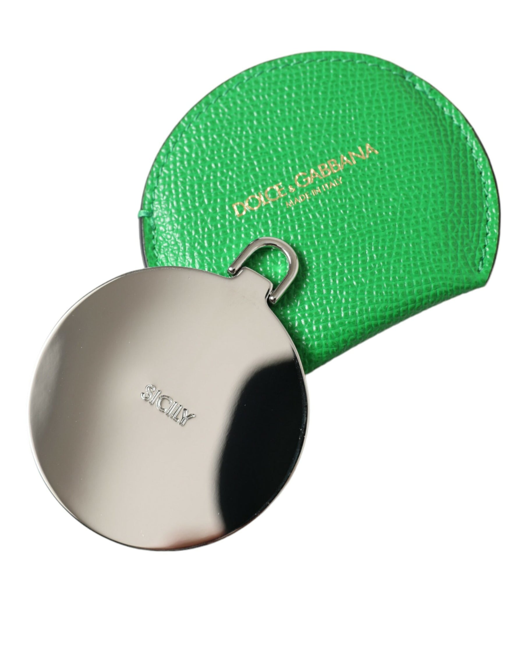 Dolce & Gabbana Green Calfskin Leather Round Logo Hand Mirror Holder | Regal Royce