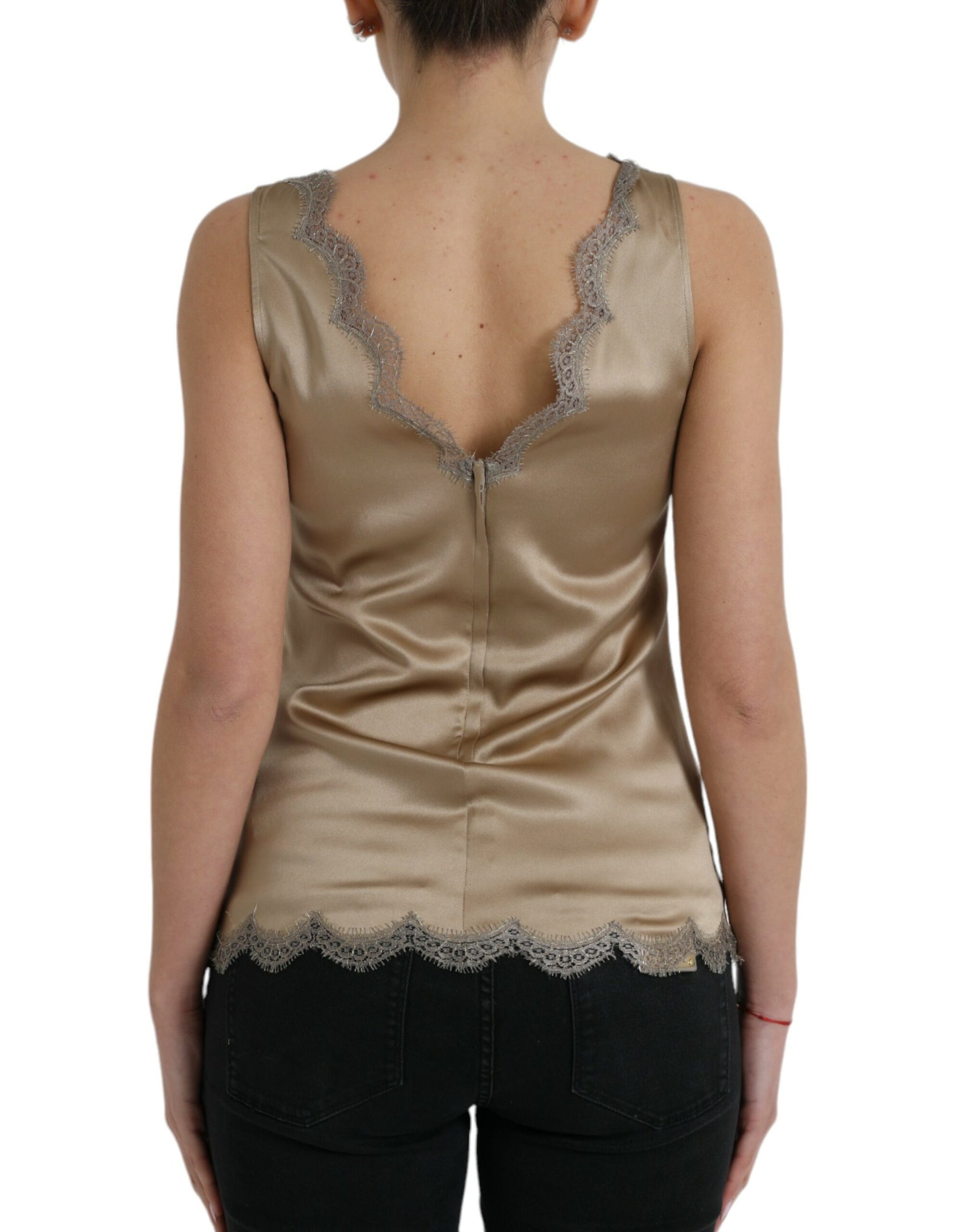 Dolce & Gabbana Brown Lace Trim V-neck Sleeveless Tank Top | Regal Royce