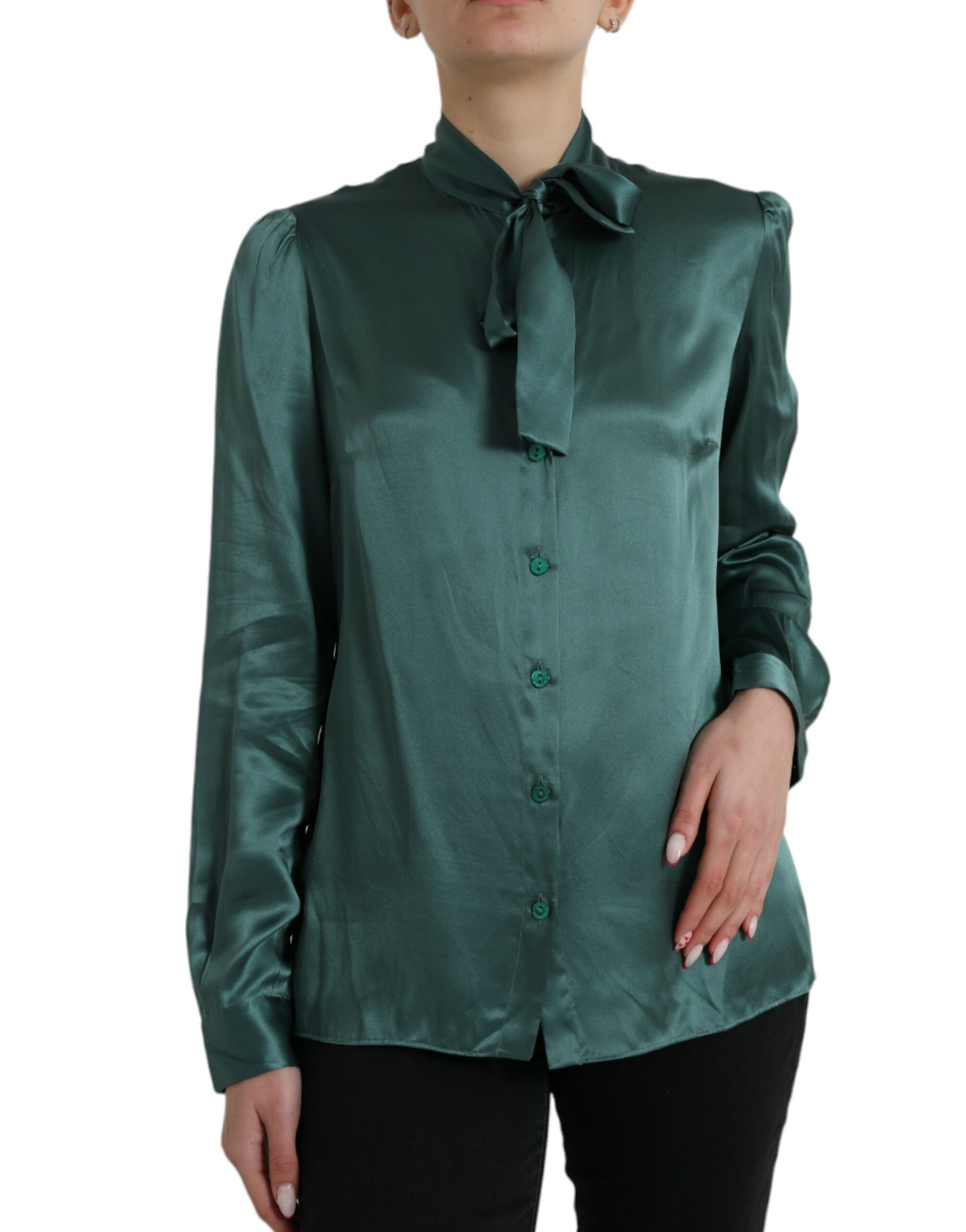 Dolce & Gabbana Dark Green Silk Ascot Collar Blouse Top