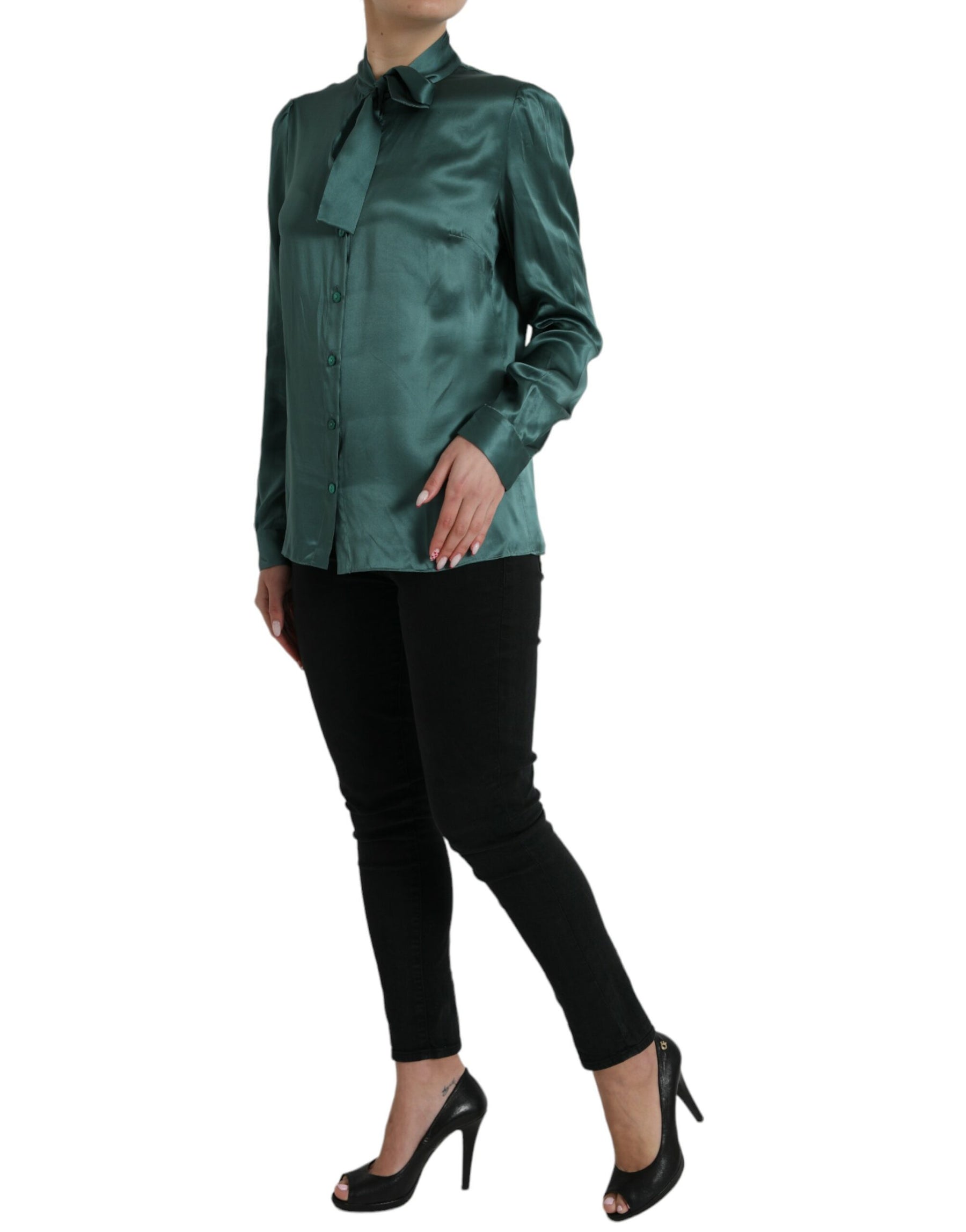 Dolce & Gabbana Dark Green Silk Ascot Collar Blouse Top | Regal Royce