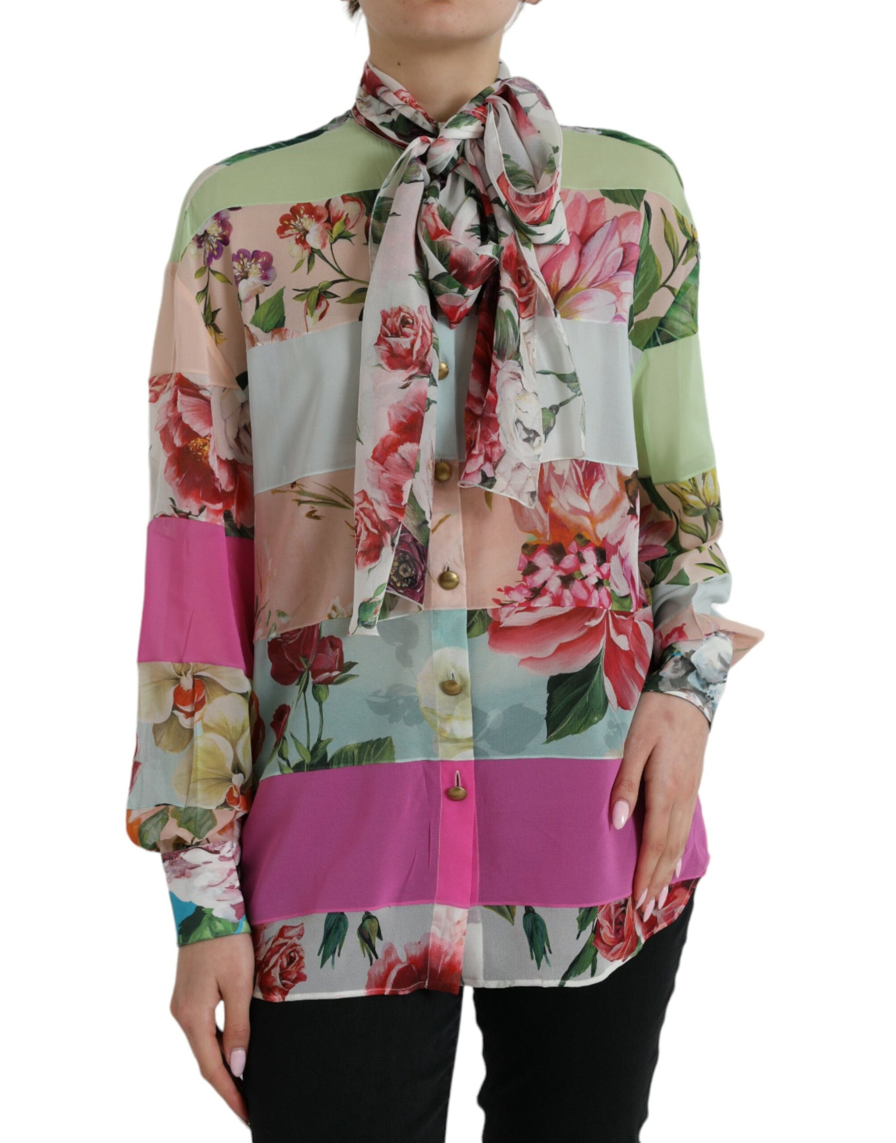 Dolce & Gabbana Multicolor Floral Patchwork Ascot Collar Top | Regal Royce