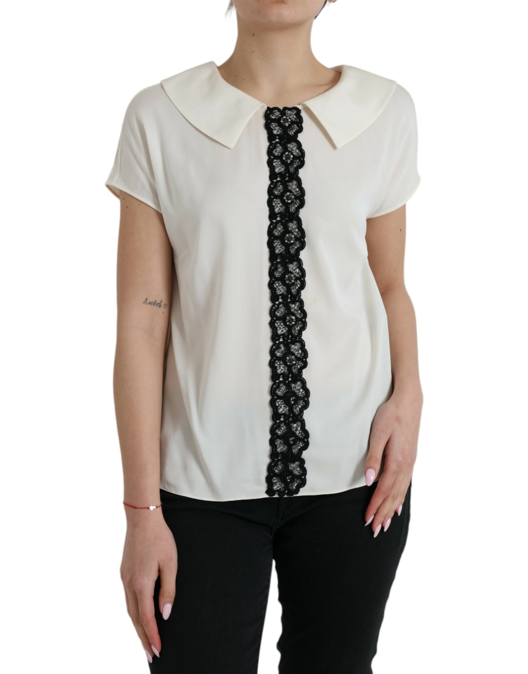 Dolce & Gabbana Off White Silk Lace Trim Short Sleeves Top | Regal Royce