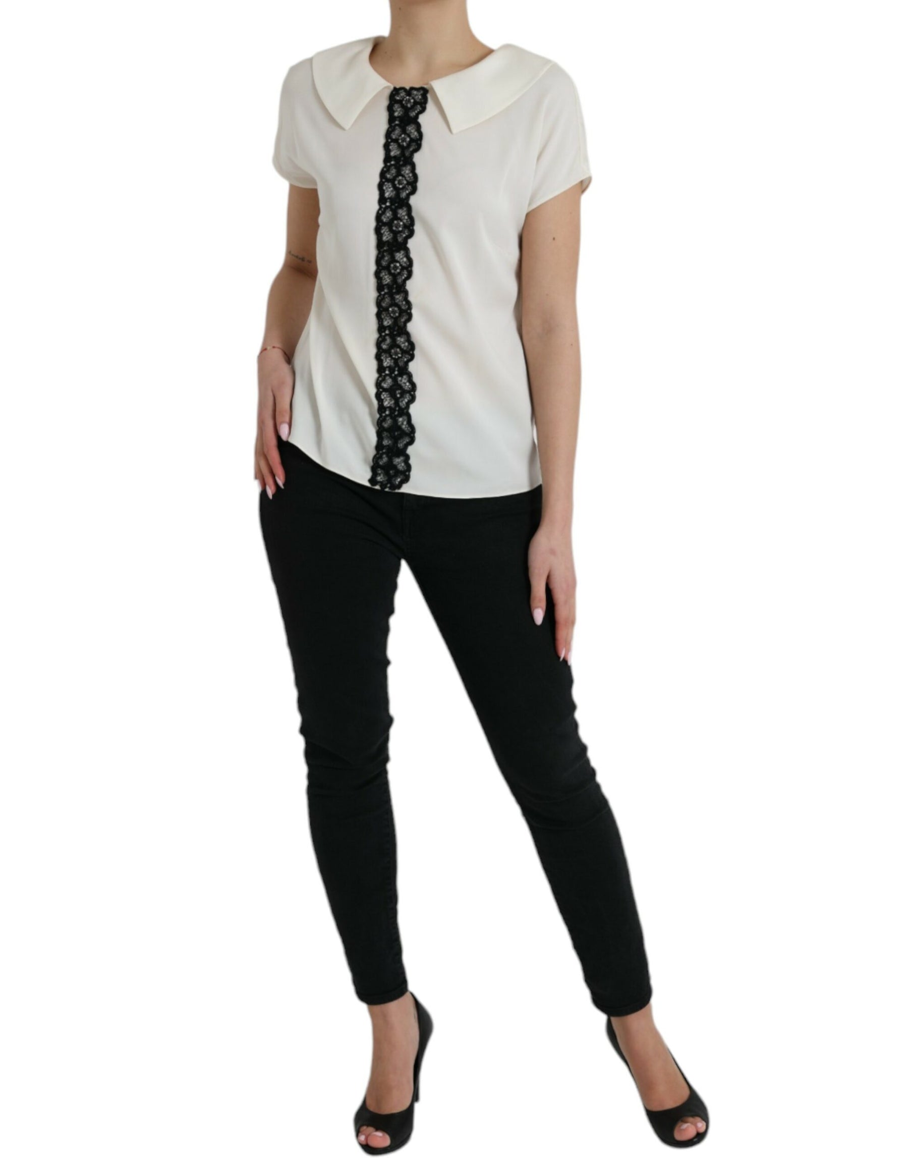 Dolce & Gabbana Off White Silk Lace Trim Short Sleeves Top | Regal Royce