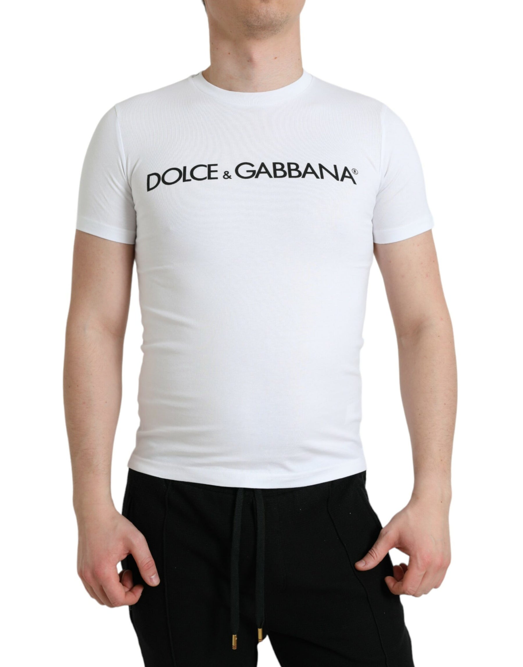 Dolce & Gabbana White Logo Print Cotton Crew Neck T-shirt | Regal Royce