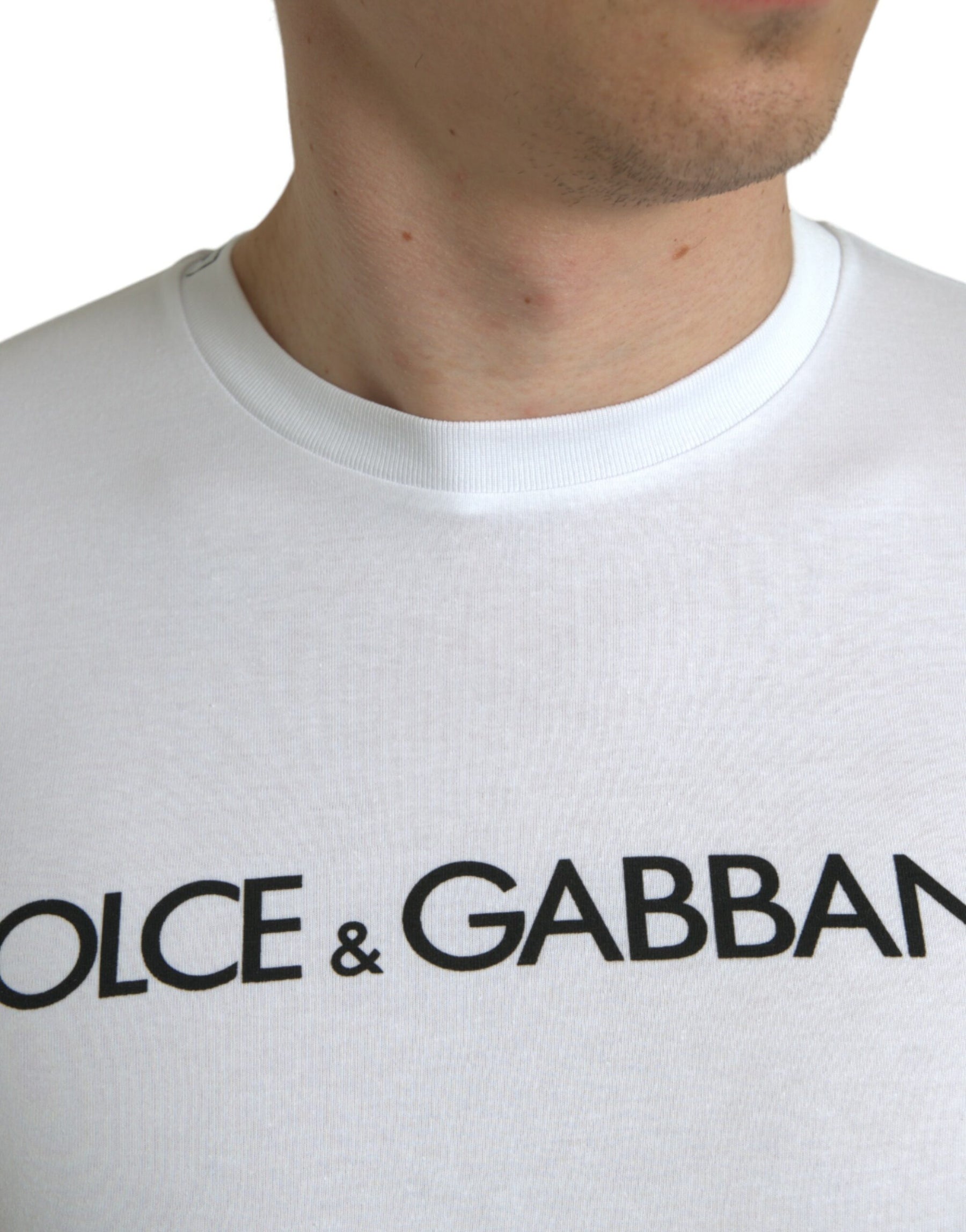 Dolce & Gabbana White Logo Print Cotton Crew Neck T-shirt | Regal Royce