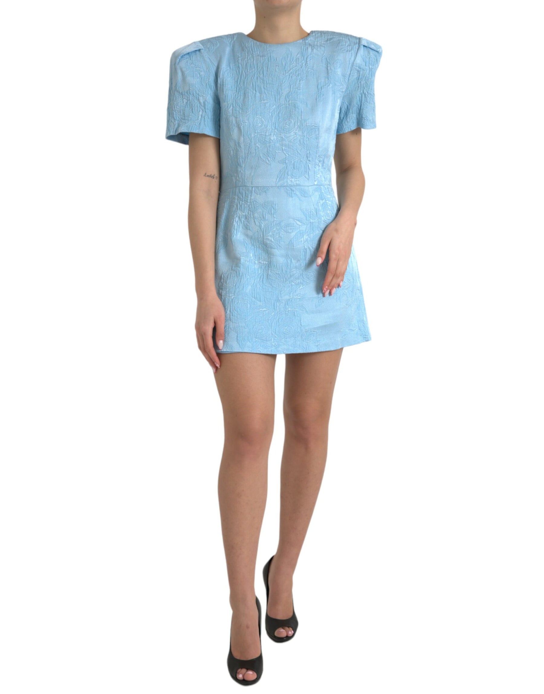 Dolce & Gabbana Light Blue Floral Jacquard Puff Sleeve Mini Dress | Regal Royce
